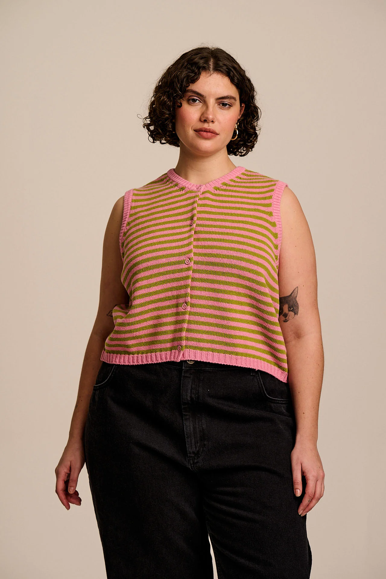 Lynne - Cotton Knitted Tank in Green & Pink Stripe - Image 4
