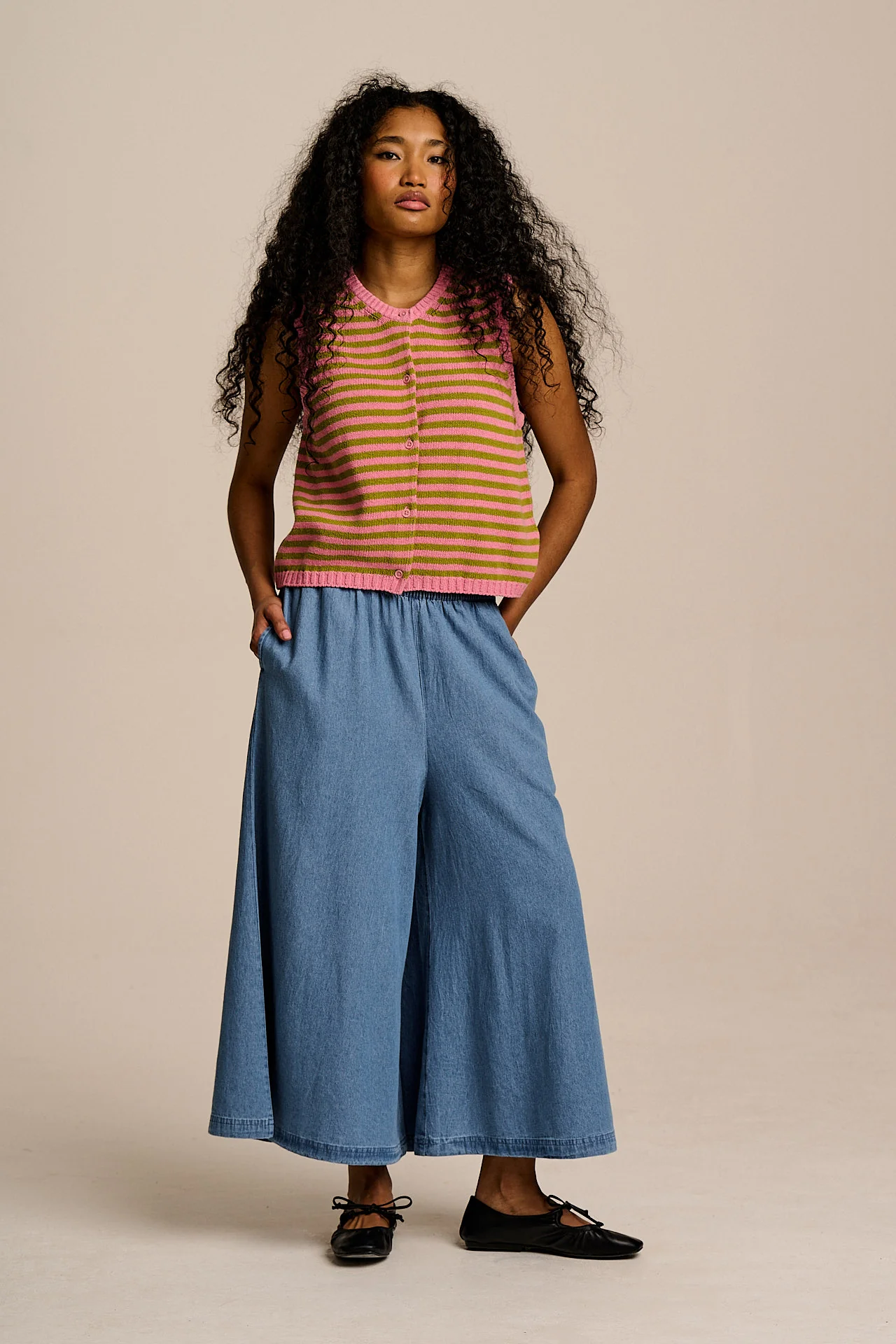 Lynne - Cotton Knitted Tank in Green & Pink Stripe - Image 5