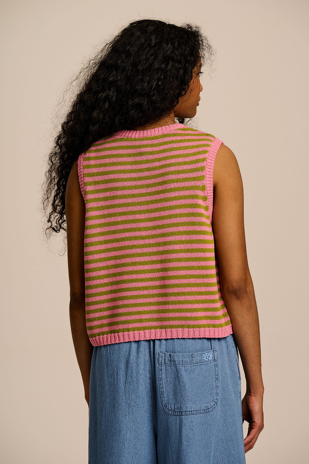 Lynne - Cotton Knitted Tank in Green & Pink Stripe - Image 6