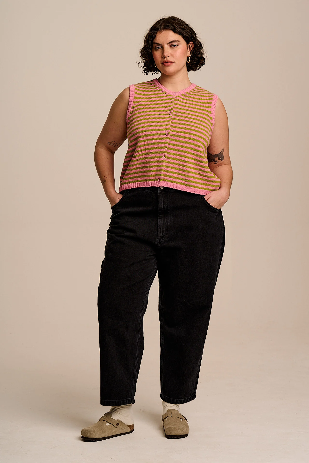 Lynne - Cotton Knitted Tank in Green & Pink Stripe - Image 7