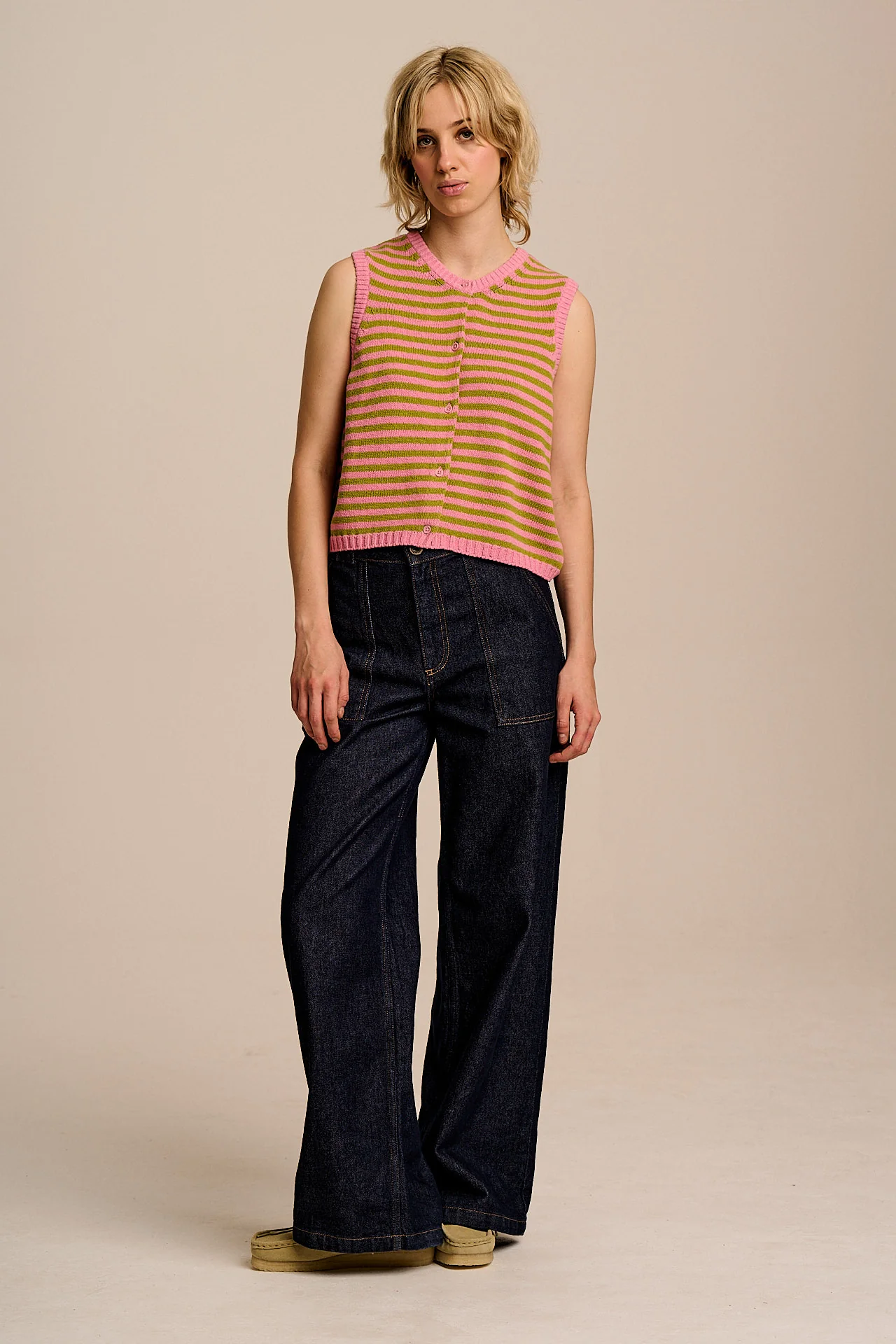 Lynne - Cotton Knitted Tank in Green & Pink Stripe - Image 8