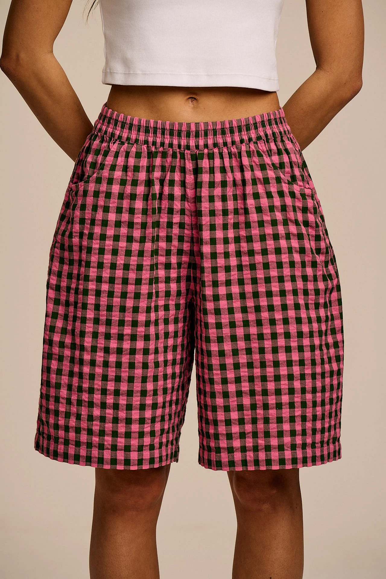 Madero - Cotton Long Shorts in Pink & Green Gingham - Image 2
