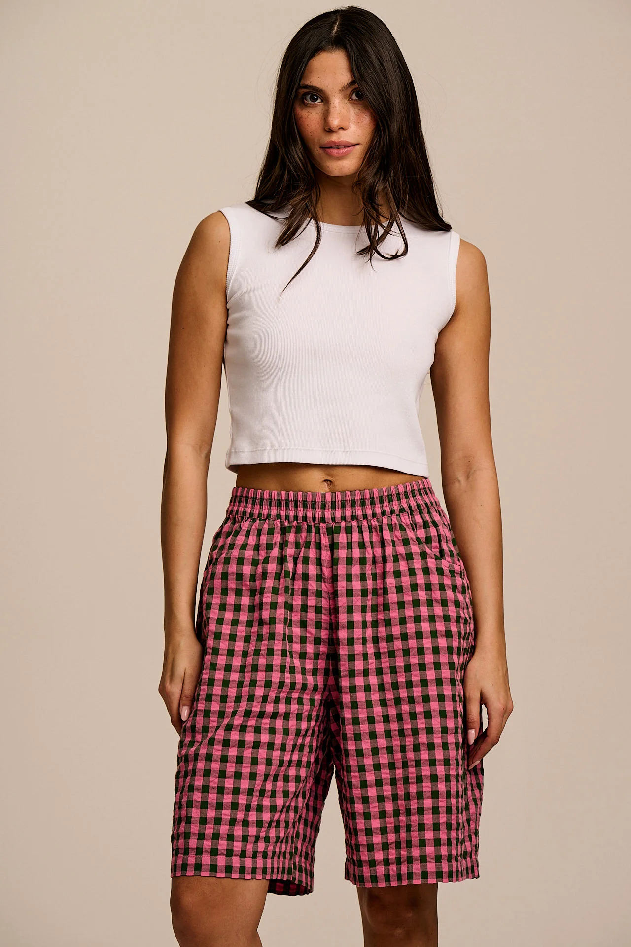 Madero - Cotton Long Shorts in Pink & Green Gingham - Image 6