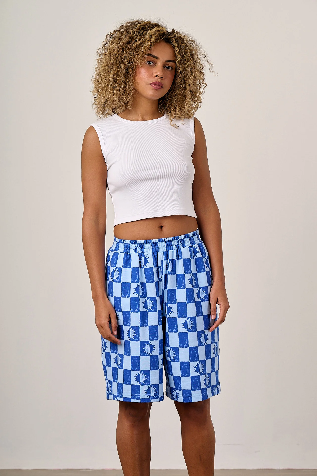 Madero - Cotton Jersey Shorts in Blue Checkerboard - Image 5