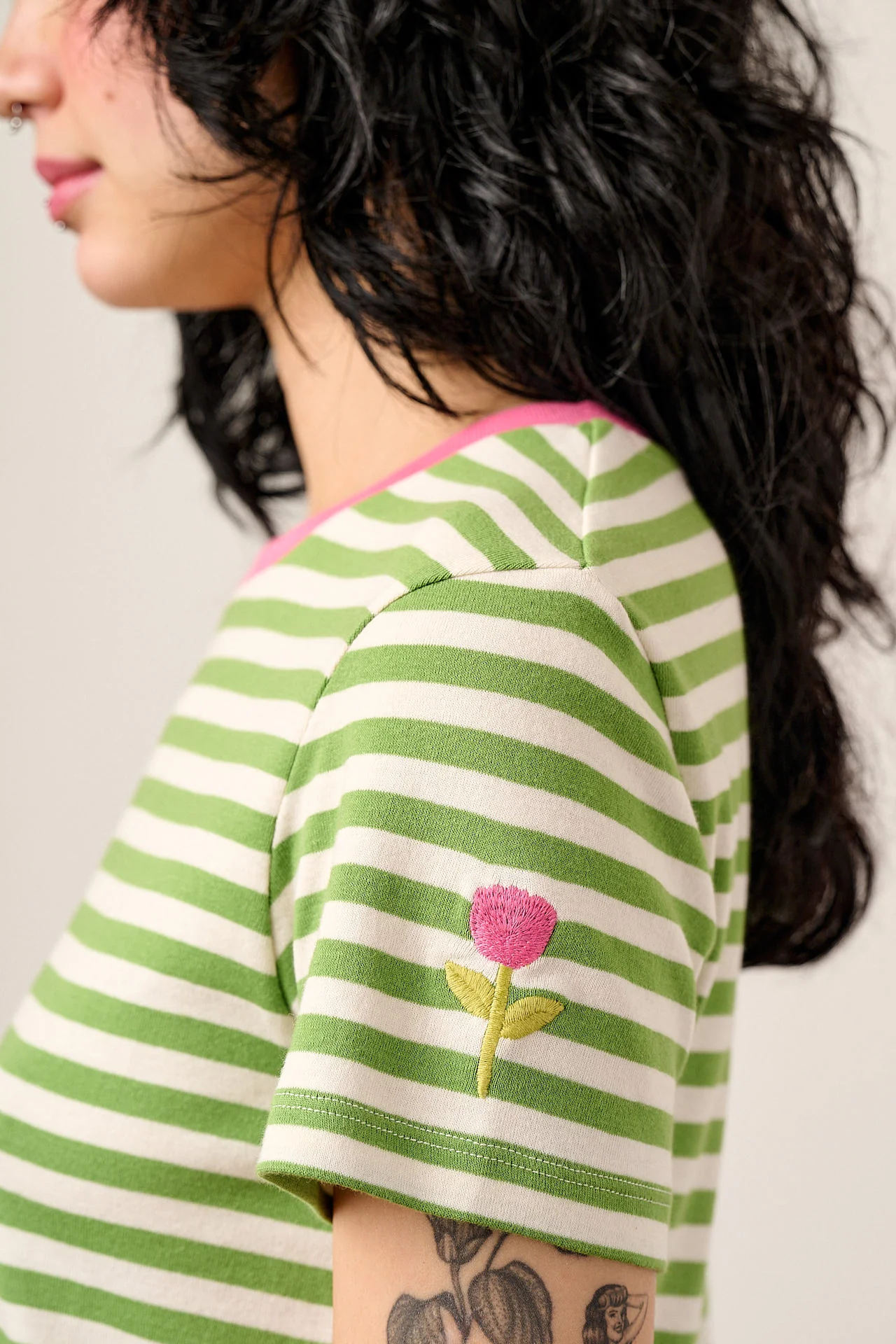 Maya - Cotton T-Shirt in Green Stripe with Flower Embroidery - Image 2