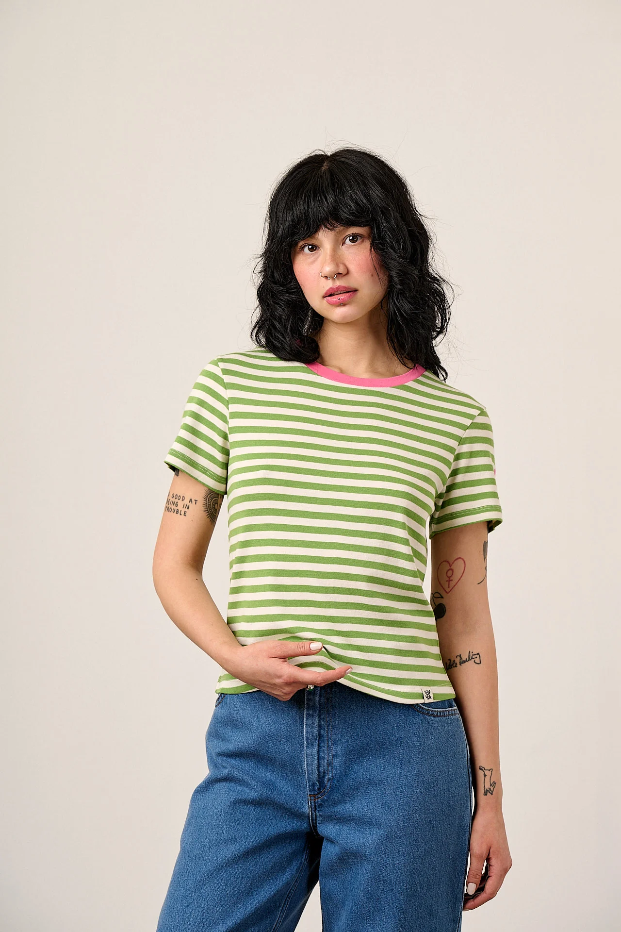 Maya - Cotton T-Shirt in Green Stripe with Flower Embroidery - Image 3