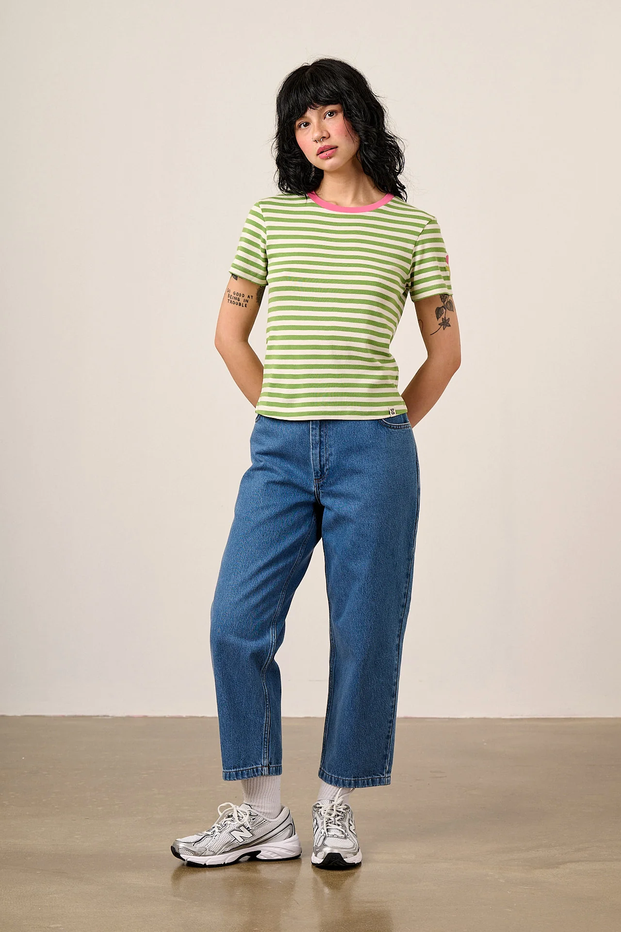 Maya - Cotton T-Shirt in Green Stripe with Flower Embroidery - Image 4