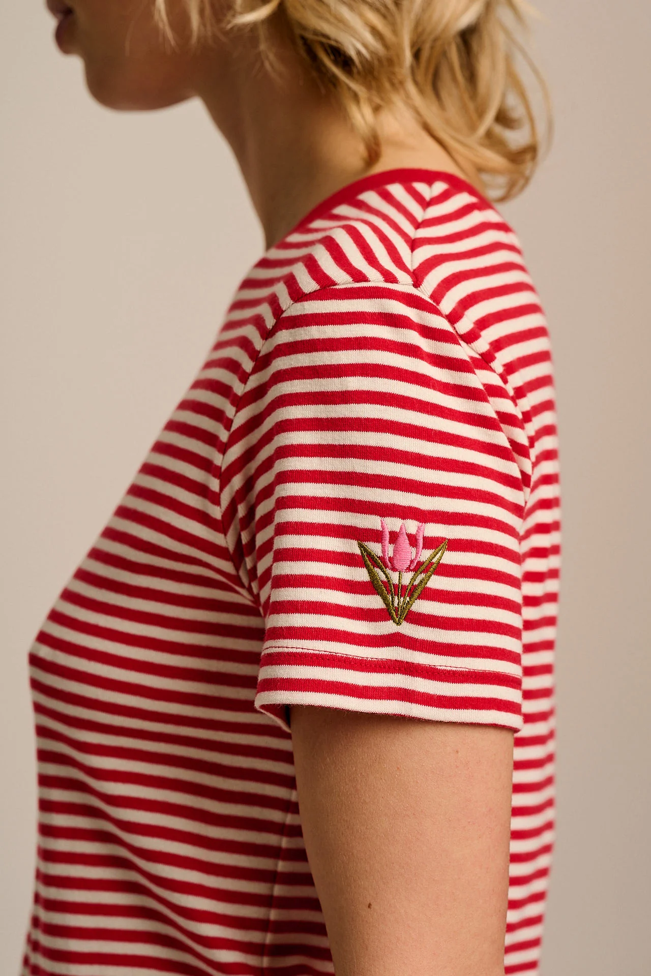 Maya - Cotton T-Shirt in Red & Ecru Stripe with Tulip Embroidery - Image 2