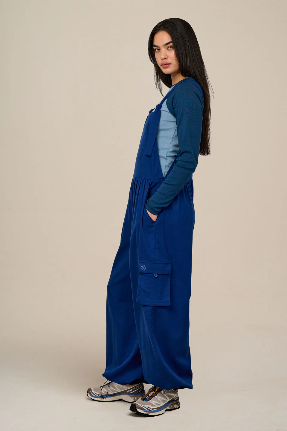 Miyada - Brushed Cotton Balloon Leg Dungarees in Navy - Image 4