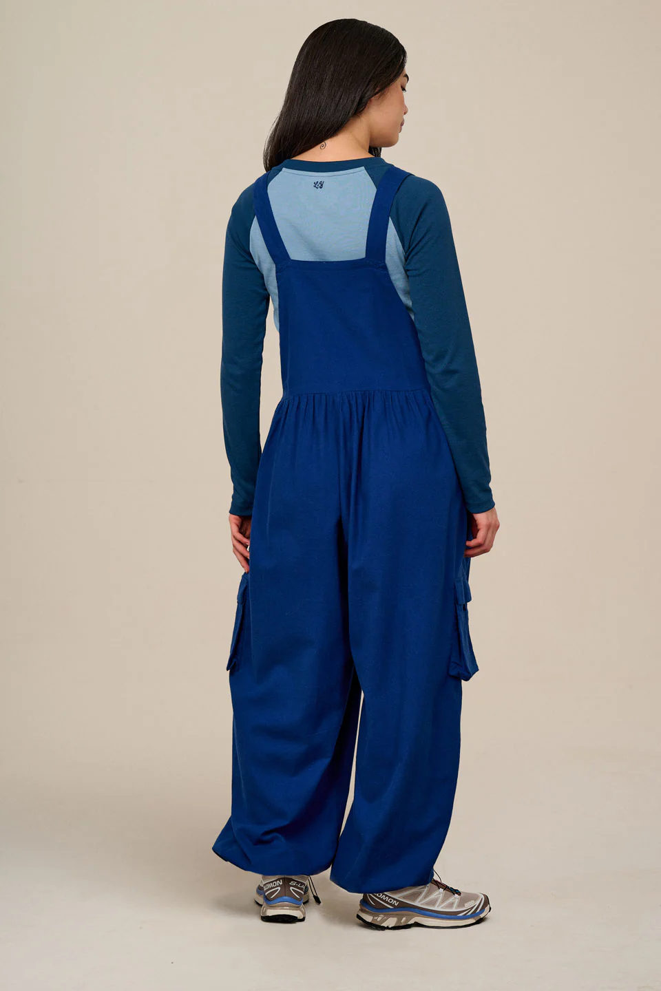 Miyada - Brushed Cotton Balloon Leg Dungarees in Navy - Image 6