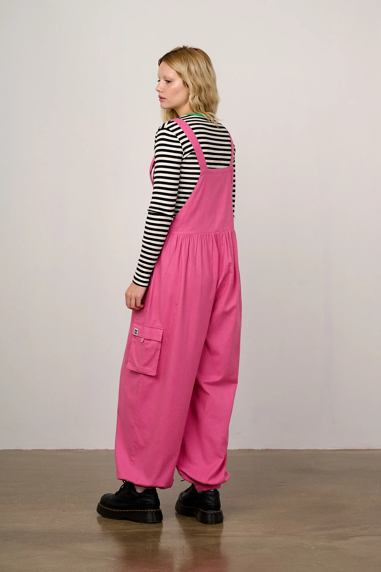 Miyada - Brushed Cotton Balloon Leg Dungarees in Pink - Image 6