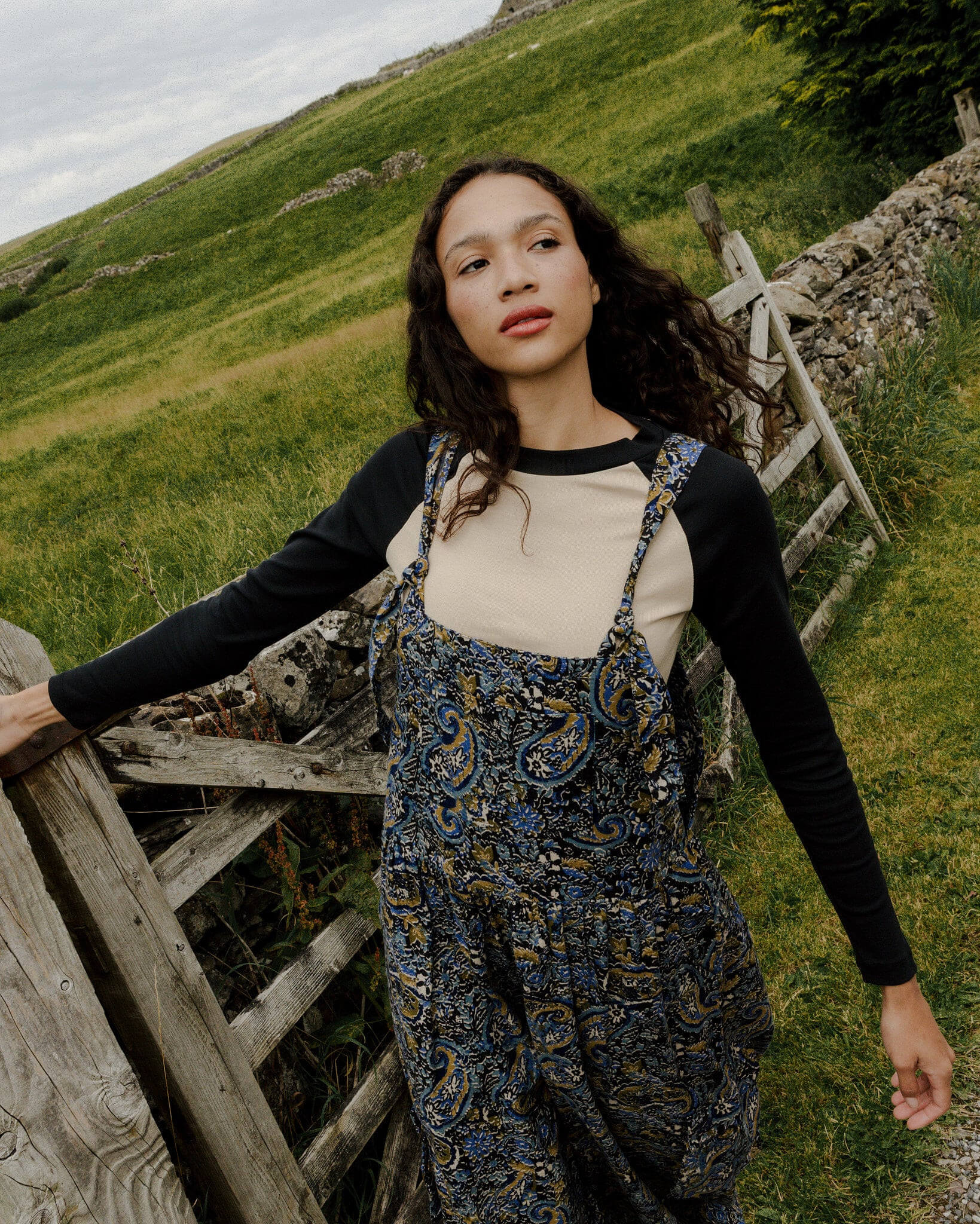 Miyada - Brushed Cotton Balloon Leg Dungarees in Grunge Blue Paisley Print - Image 4