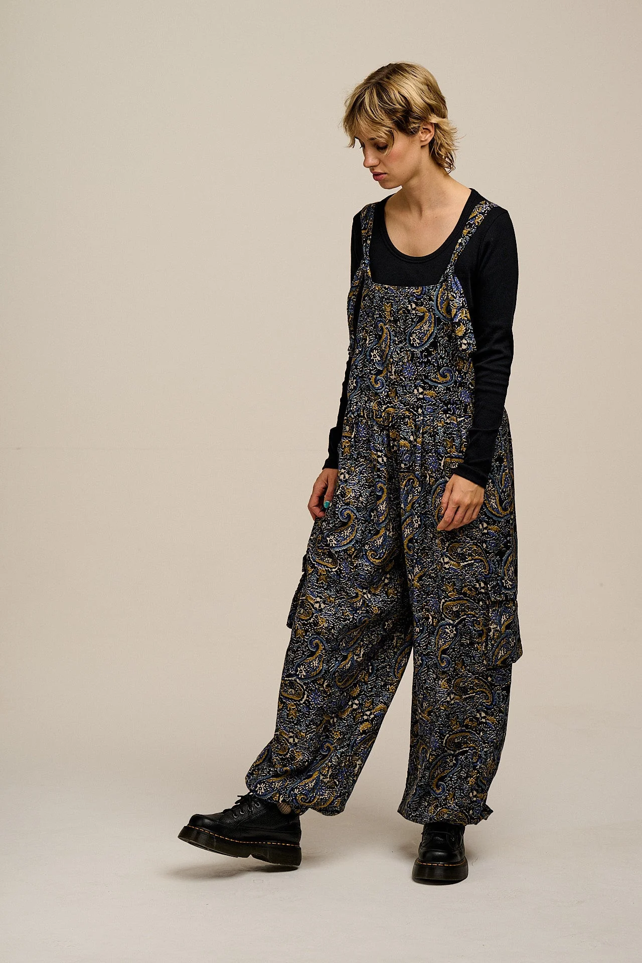 Miyada - Brushed Cotton Balloon Leg Dungarees in Grunge Blue Paisley Print - Image 6