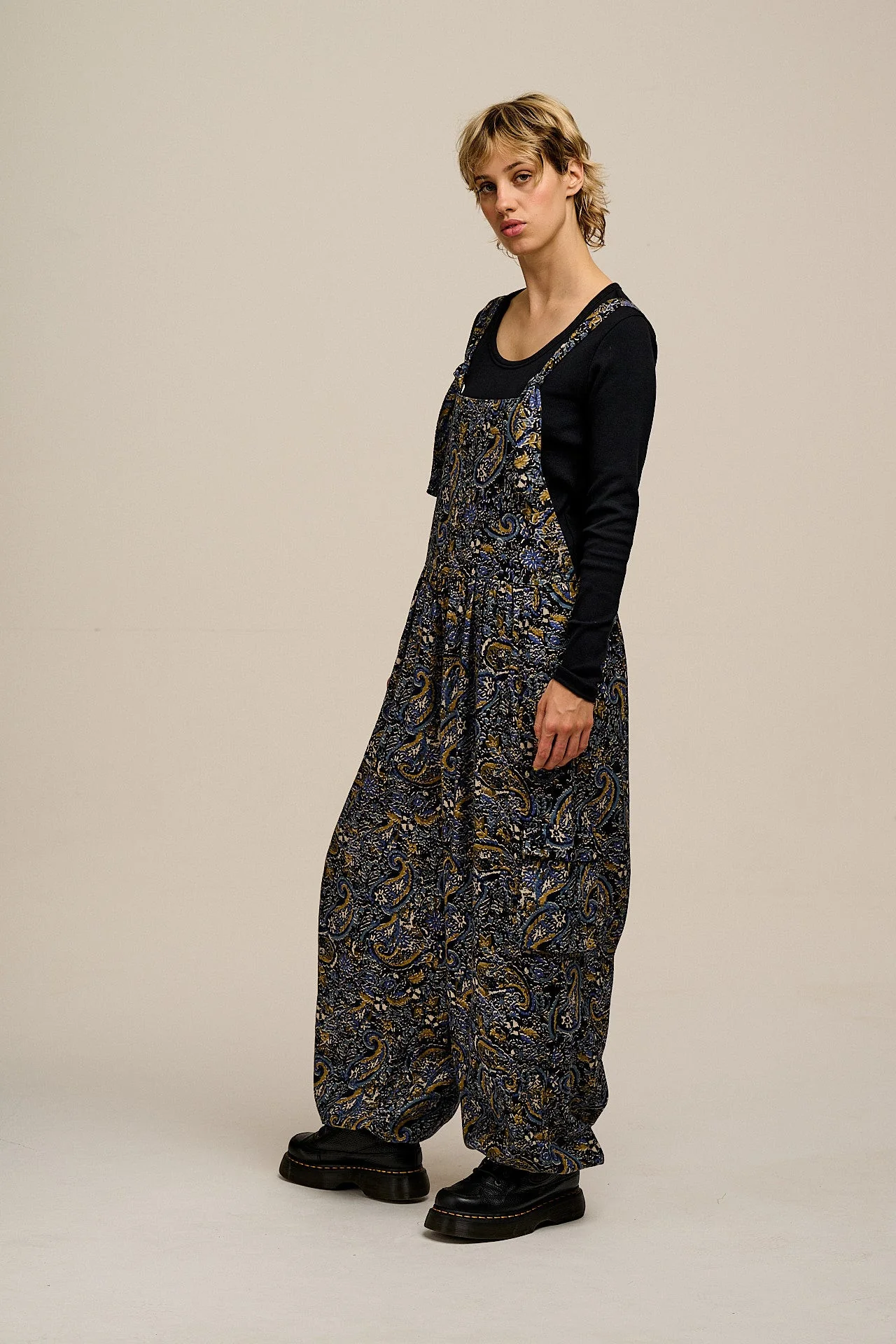 Miyada - Brushed Cotton Balloon Leg Dungarees in Grunge Blue Paisley Print - Image 8