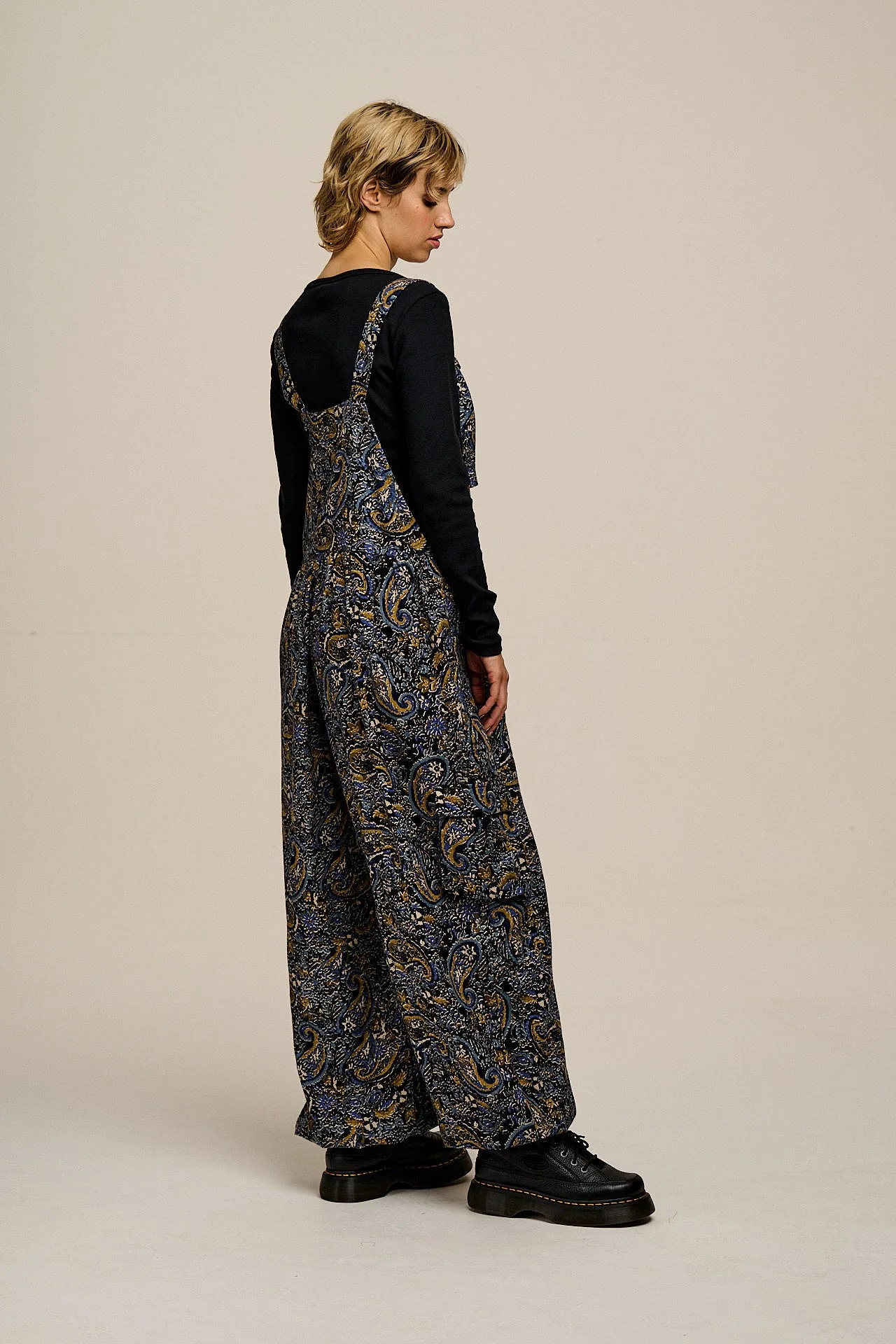 Miyada - Brushed Cotton Balloon Leg Dungarees in Grunge Blue Paisley Print - Image 9