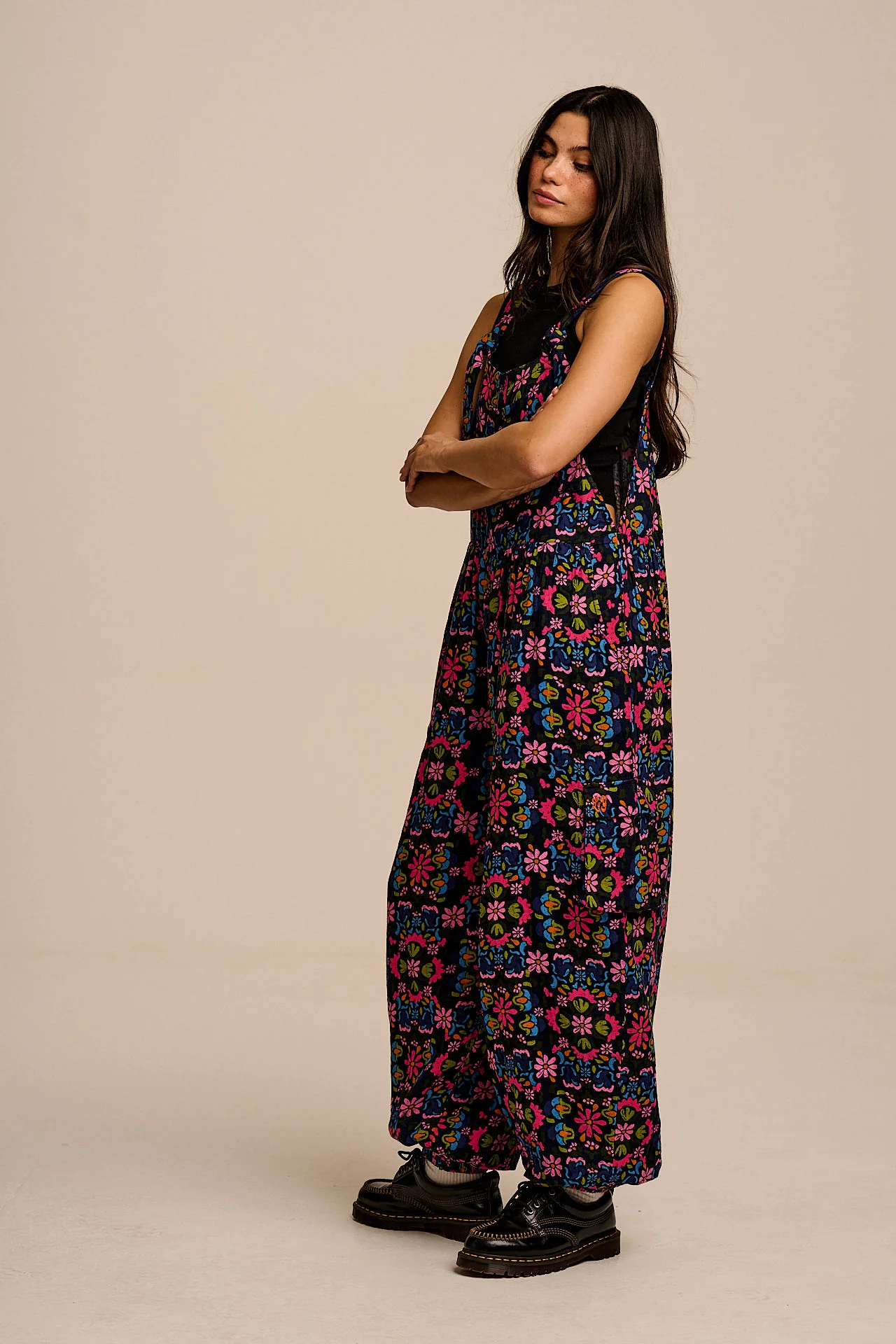 Miyada - Cotton Balloon Leg Dungarees in Blue Artisan Floral Patchwork - Image 3