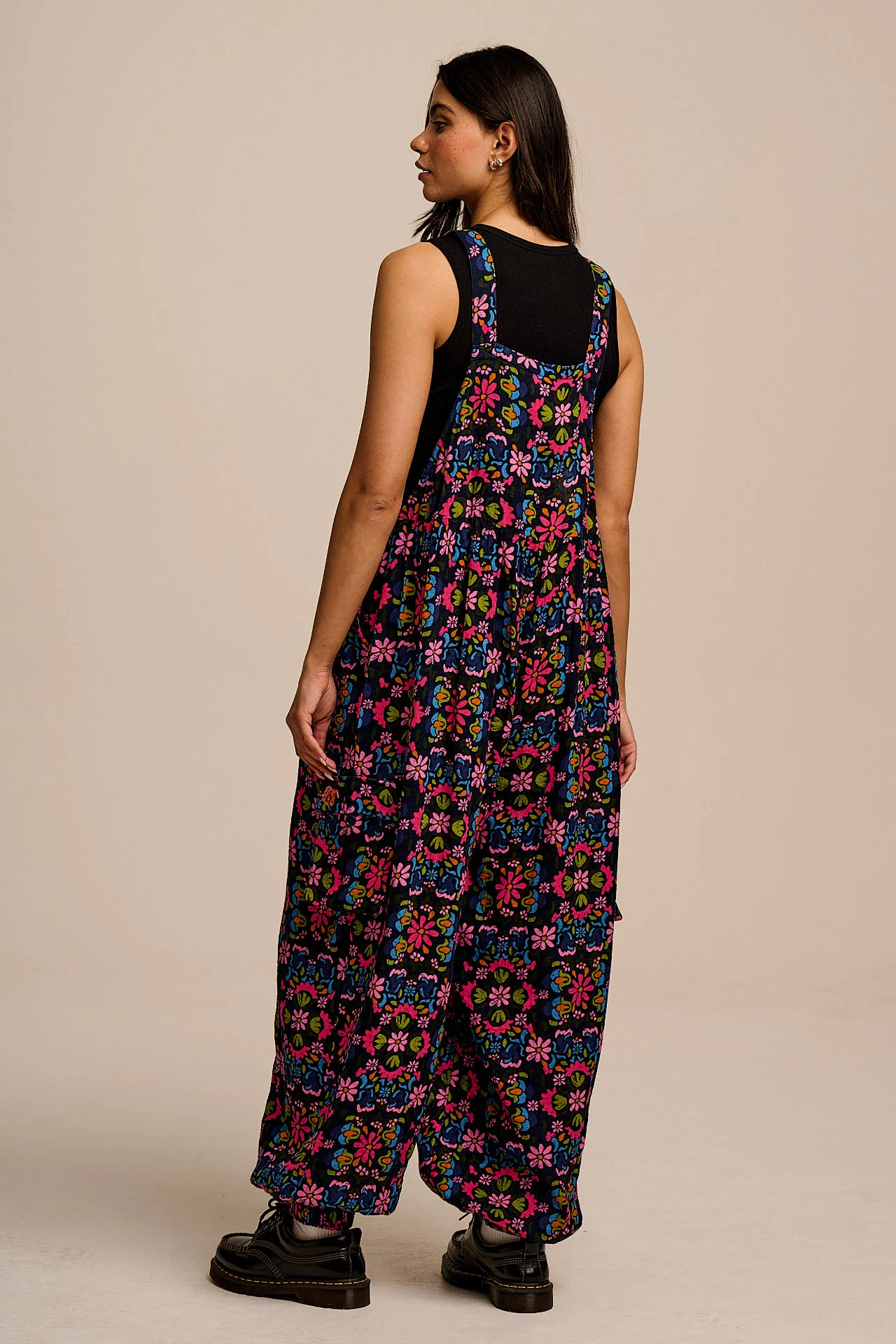 Miyada - Cotton Balloon Leg Dungarees in Blue Artisan Floral Patchwork - Image 5