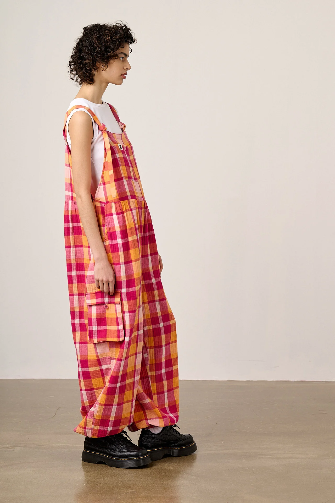 Miyada - Cotton Dungarees in Orange & Pink Check - Image 3