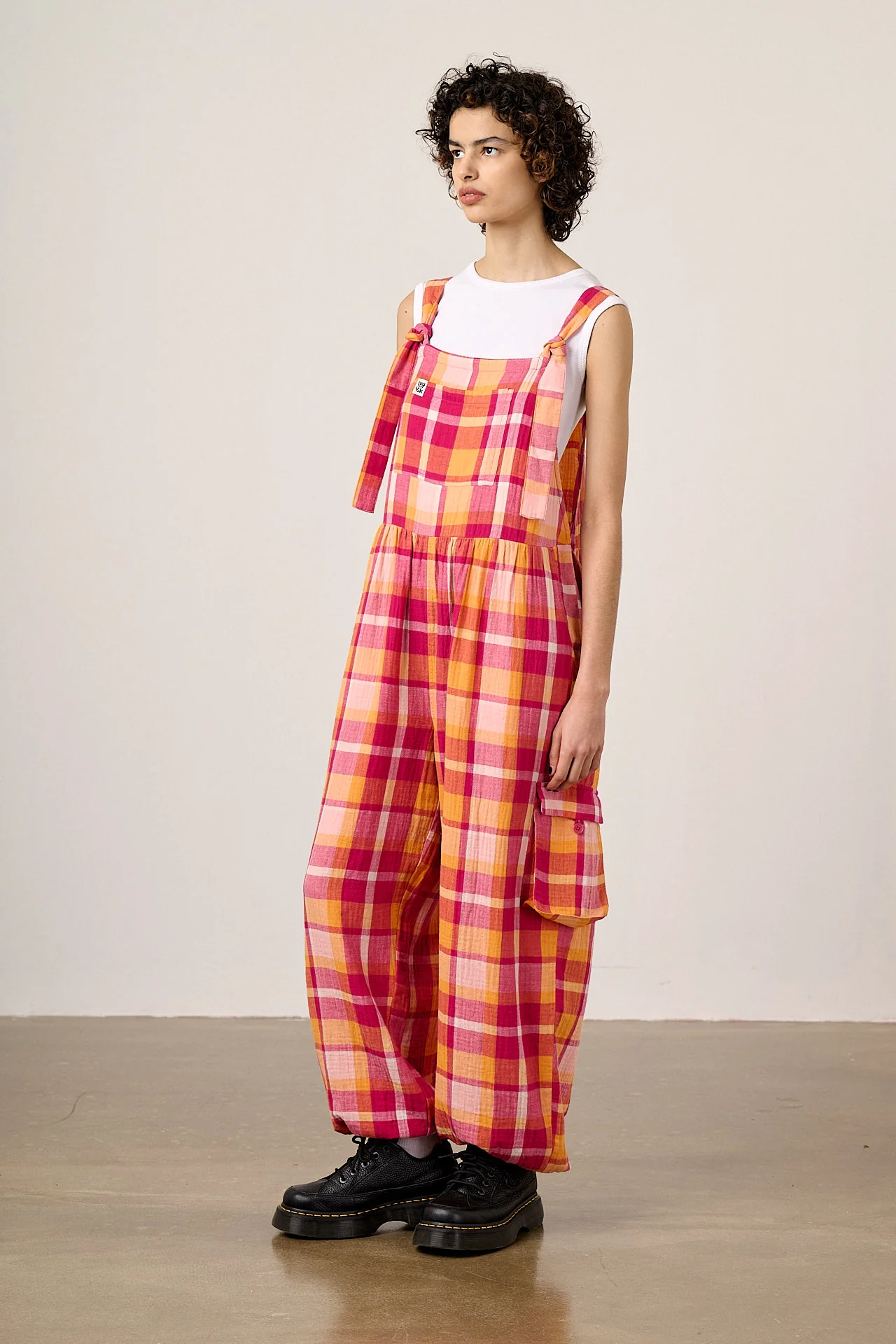 Miyada - Cotton Dungarees in Orange & Pink Check - Image 5