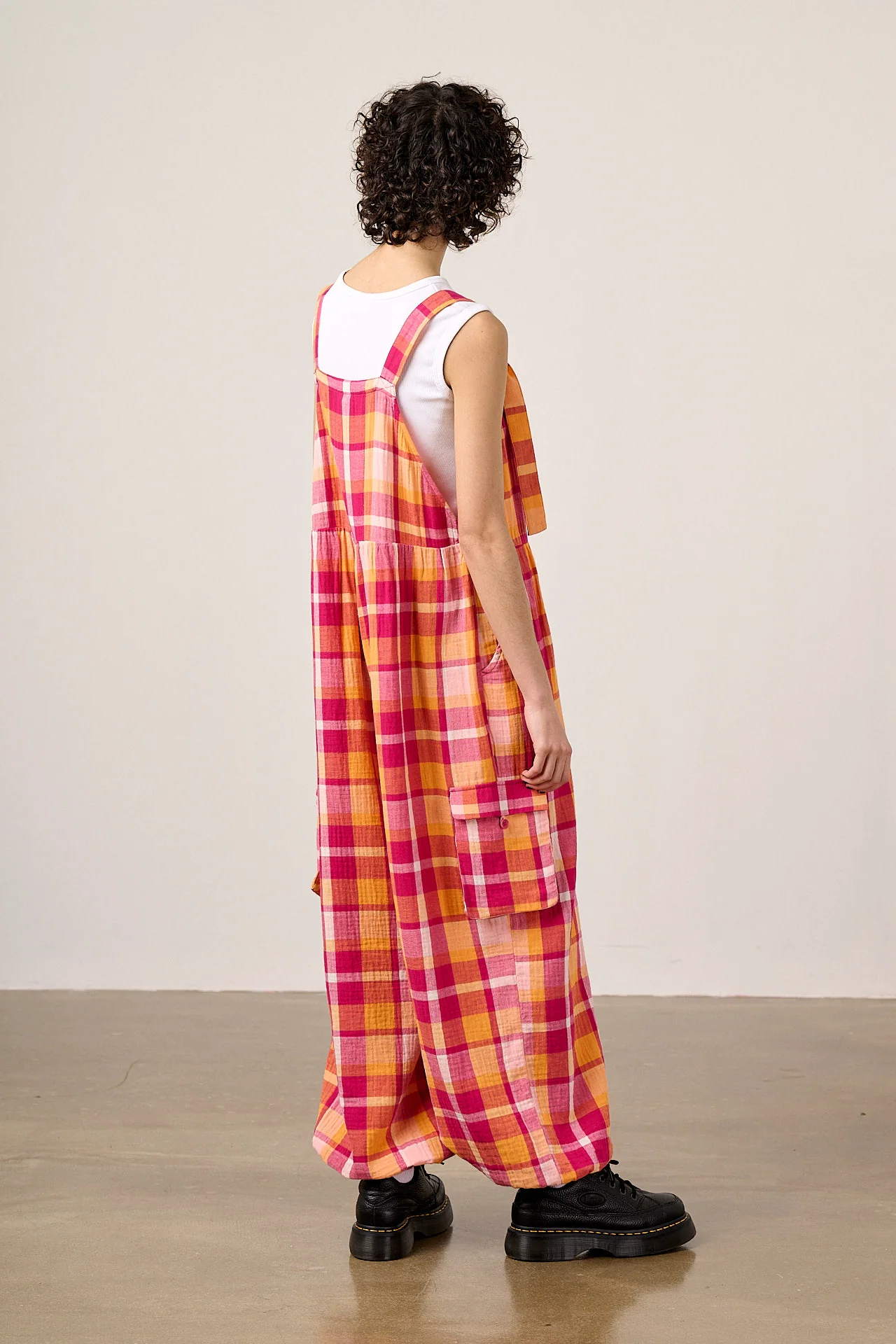 Miyada - Cotton Dungarees in Orange & Pink Check - Image 6