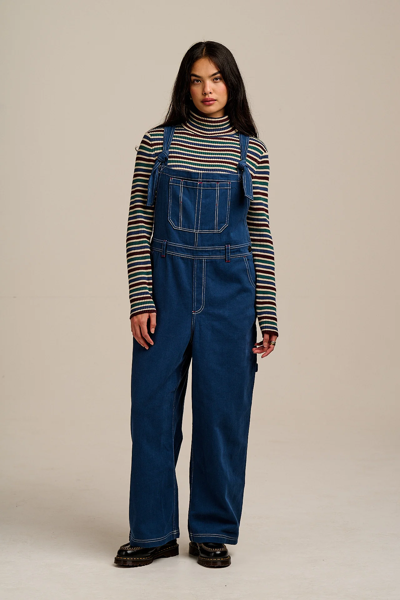 Mullen - Cotton Dungarees in Navy with Contrast Stitch - Image 11