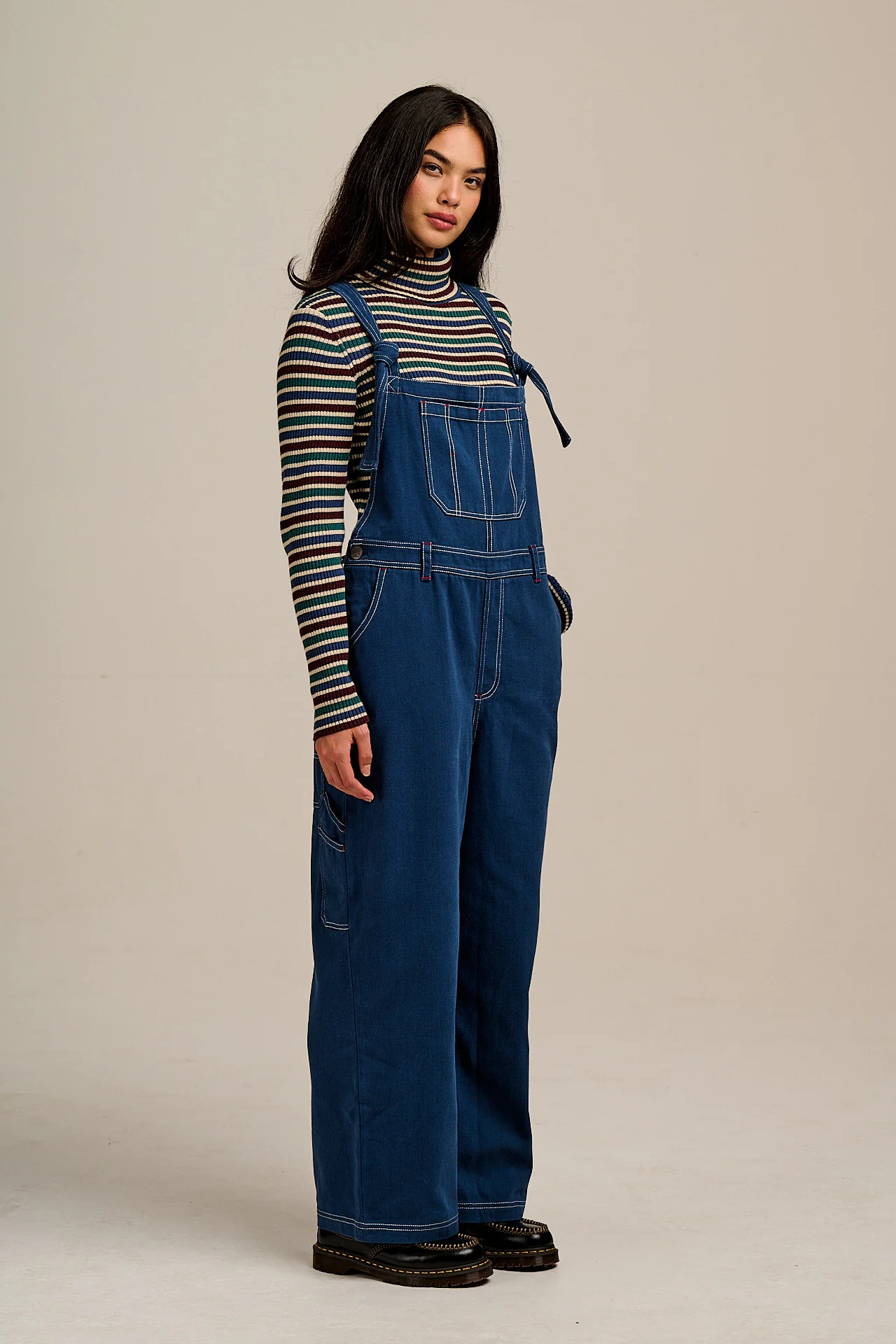 Mullen - Cotton Dungarees in Navy with Contrast Stitch - Image 12