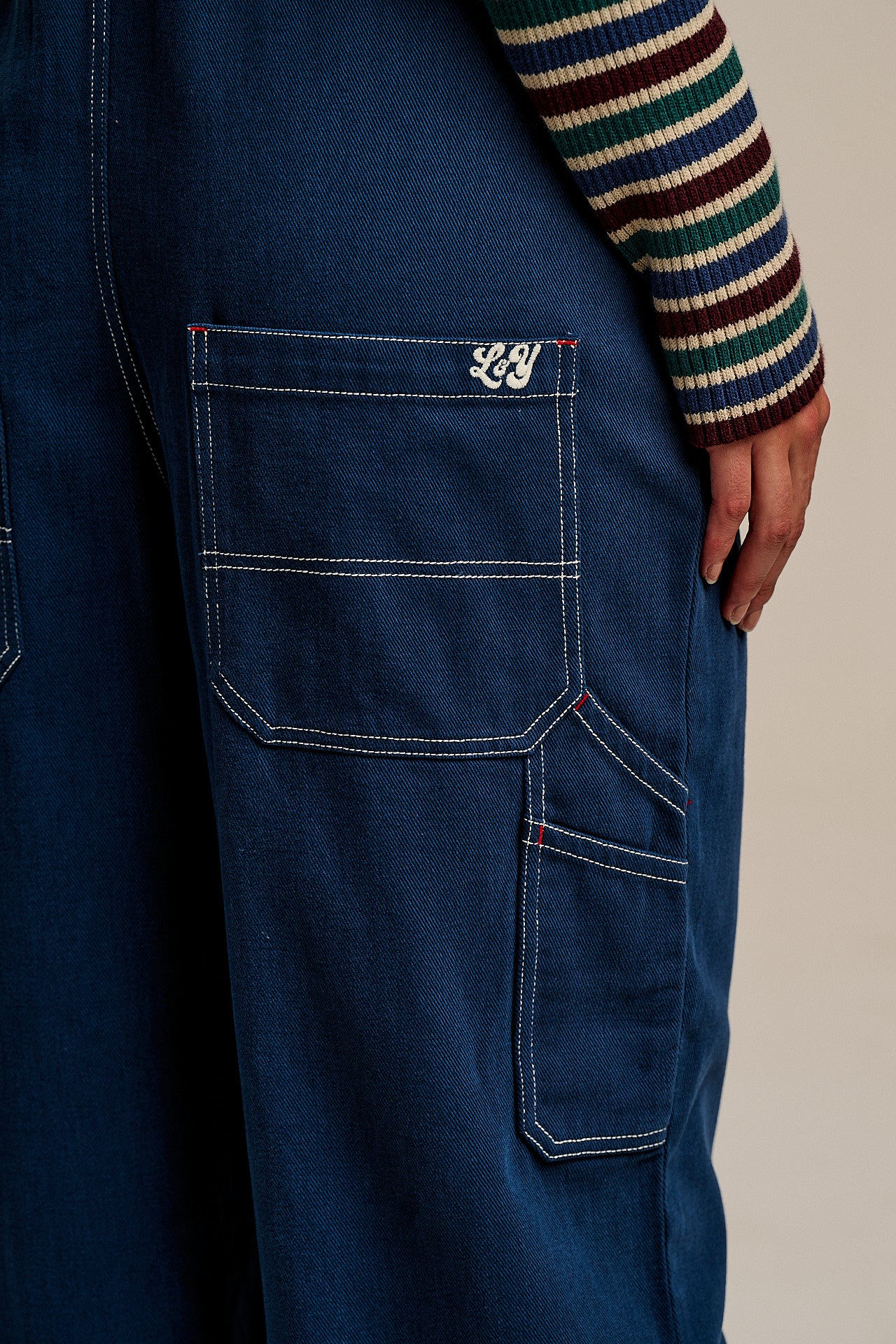 Mullen - Cotton Dungarees in Navy with Contrast Stitch - Image 3