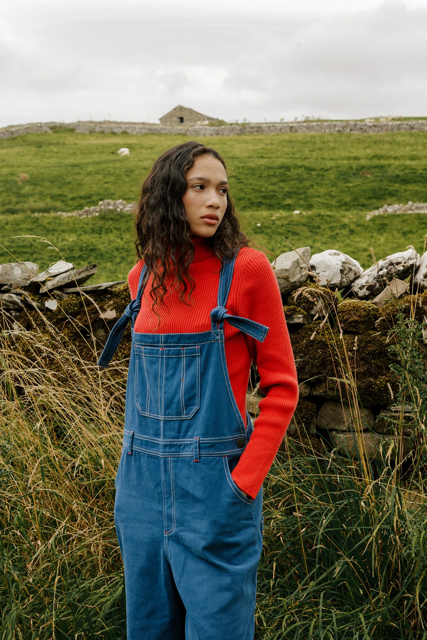 Mullen - Cotton Dungarees in Navy with Contrast Stitch - Image 4