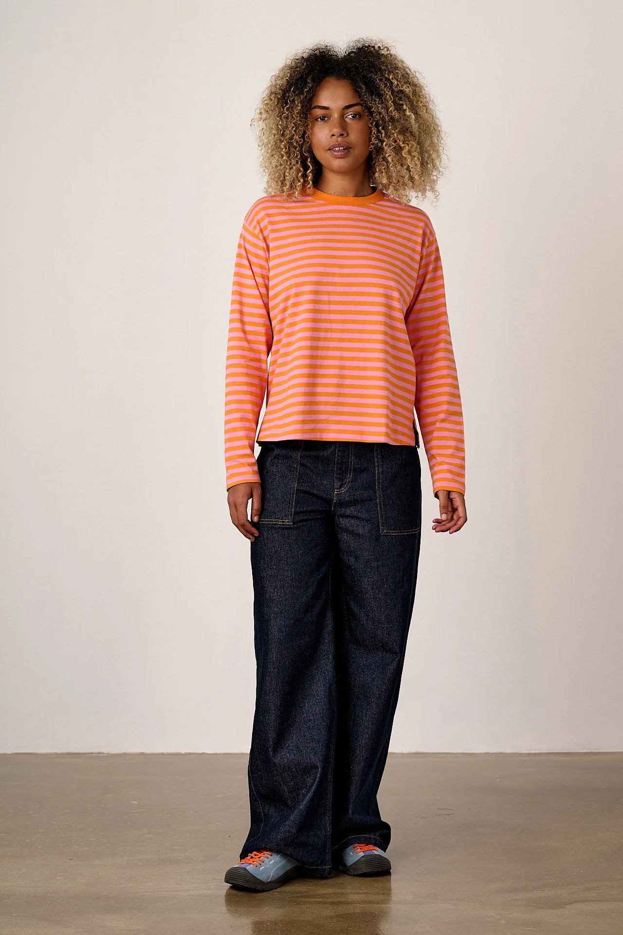 Mysen - Long Sleeve Cotton T-Shirt in Pink & Orange Stripe - Image 3