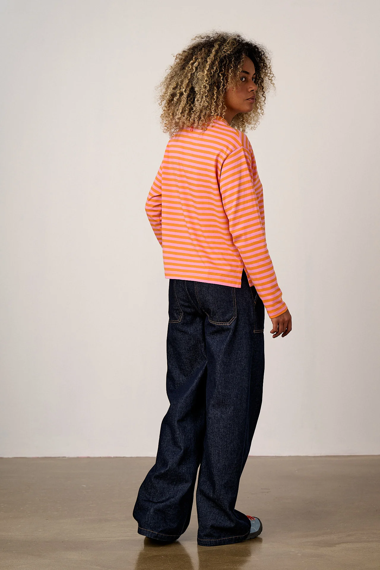 Mysen - Long Sleeve Cotton T-Shirt in Pink & Orange Stripe - Image 4