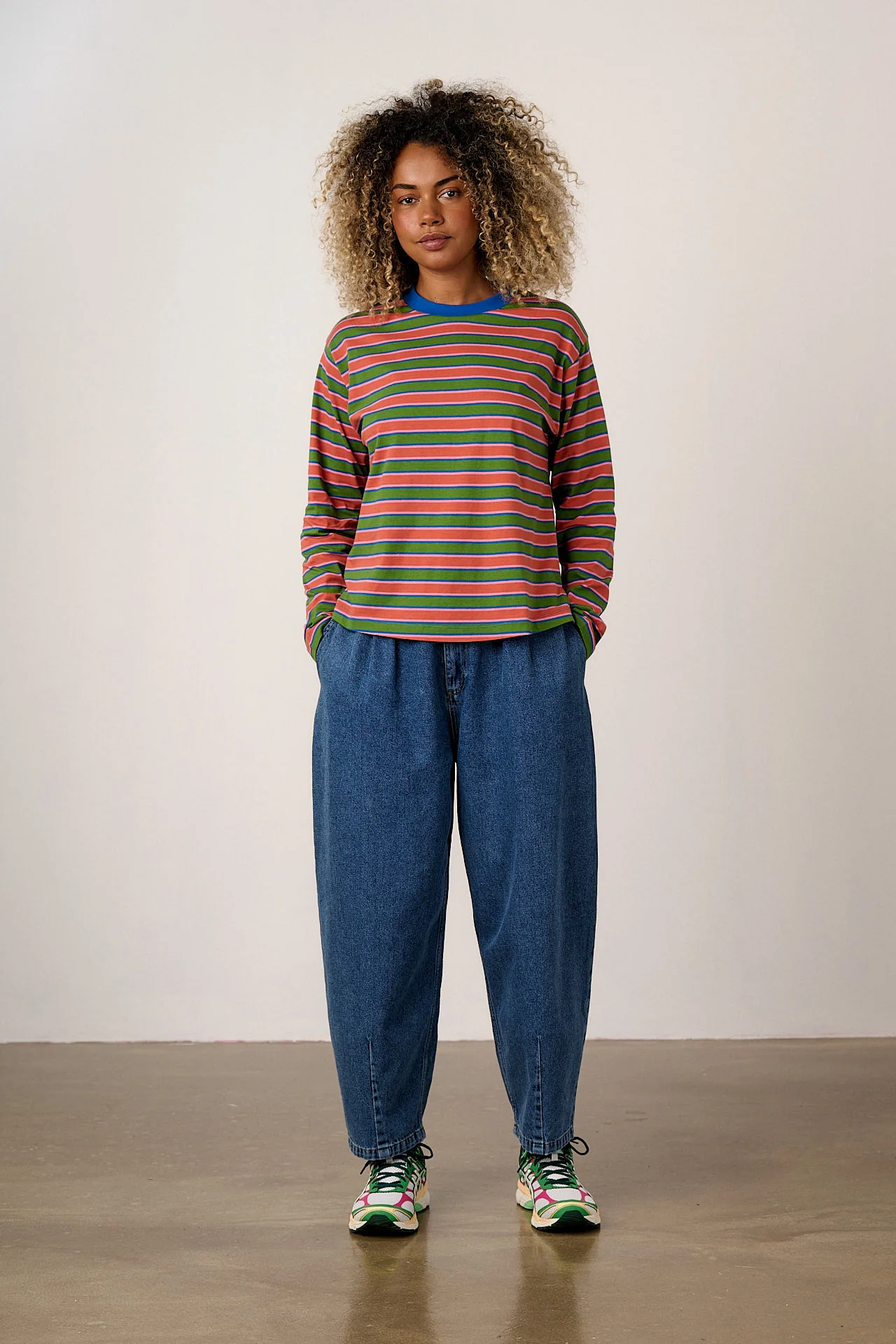 Mysen - Long Sleeve Cotton T-Shirt in Green Stripe - Image 3