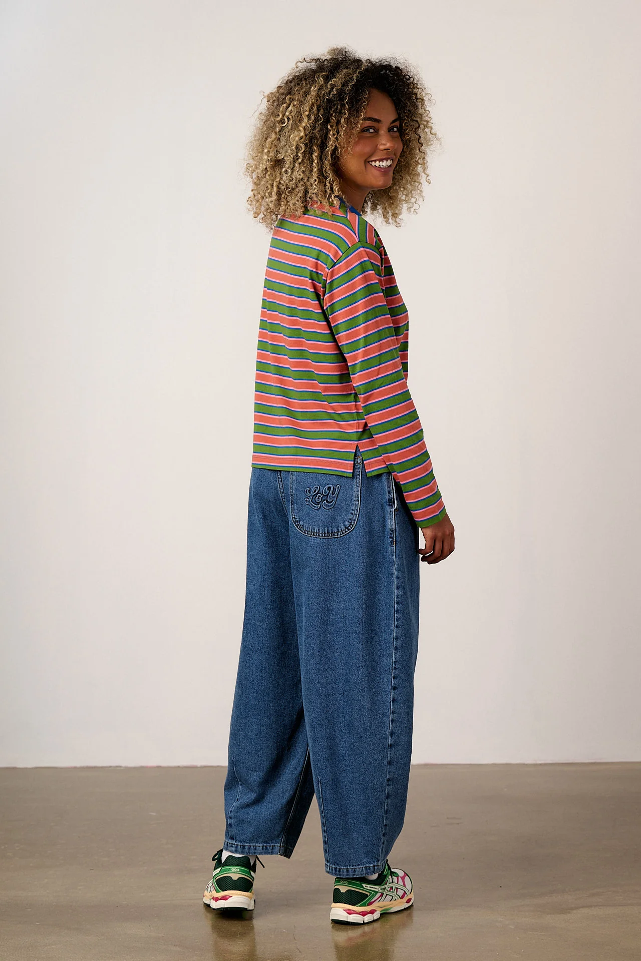 Mysen - Long Sleeve Cotton T-Shirt in Green Stripe - Image 5