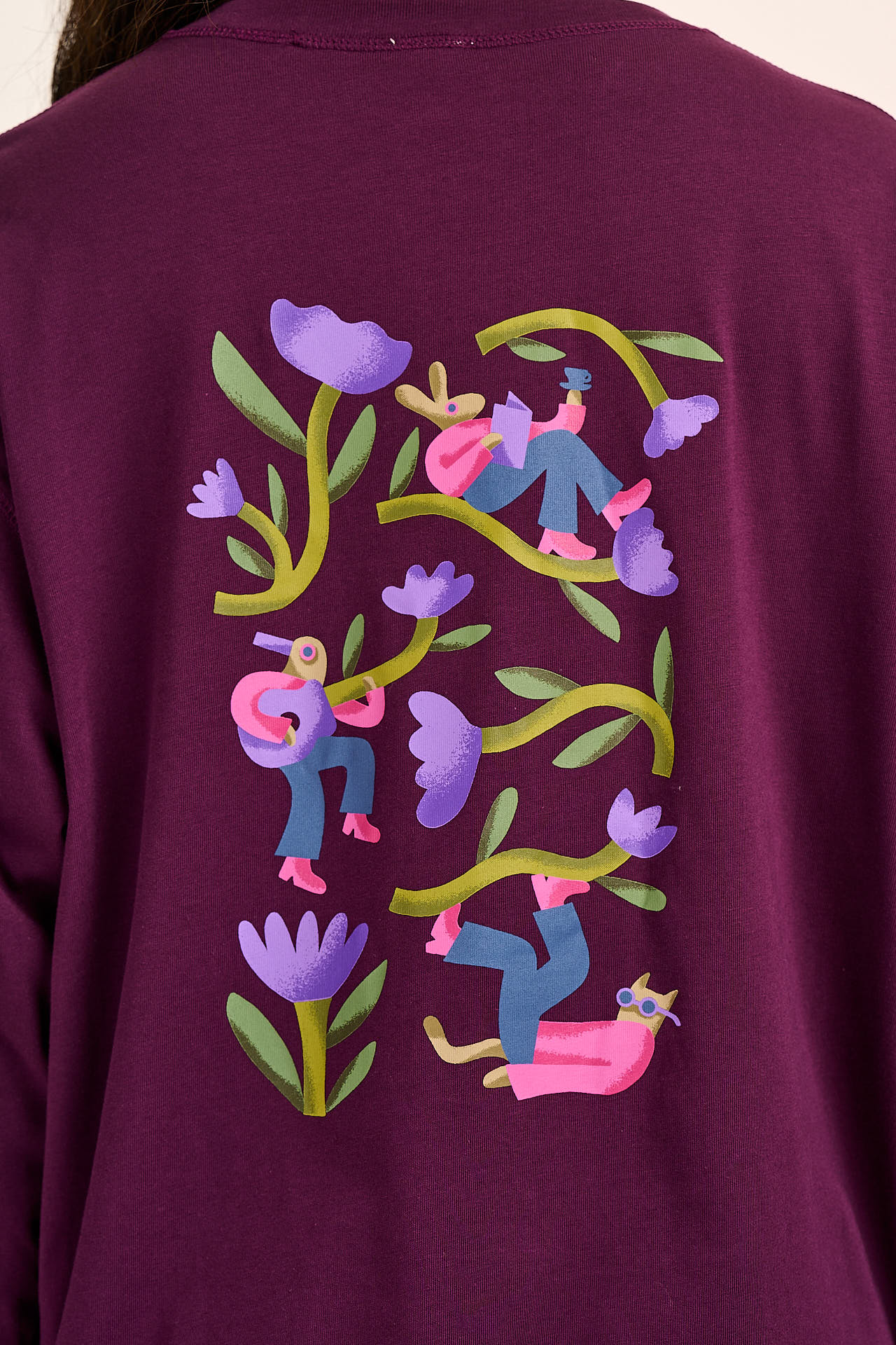 Murat - Long Sleeve Lightweight Cotton T-Shirt in Purple Flowers & Characters - Image 3