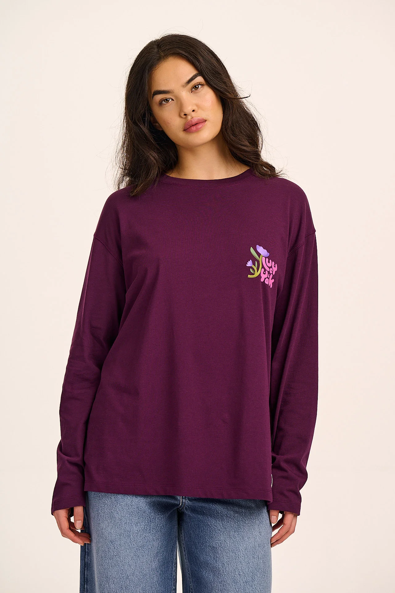 Murat - Long Sleeve Lightweight Cotton T-Shirt in Purple Flowers & Characters - Image 4