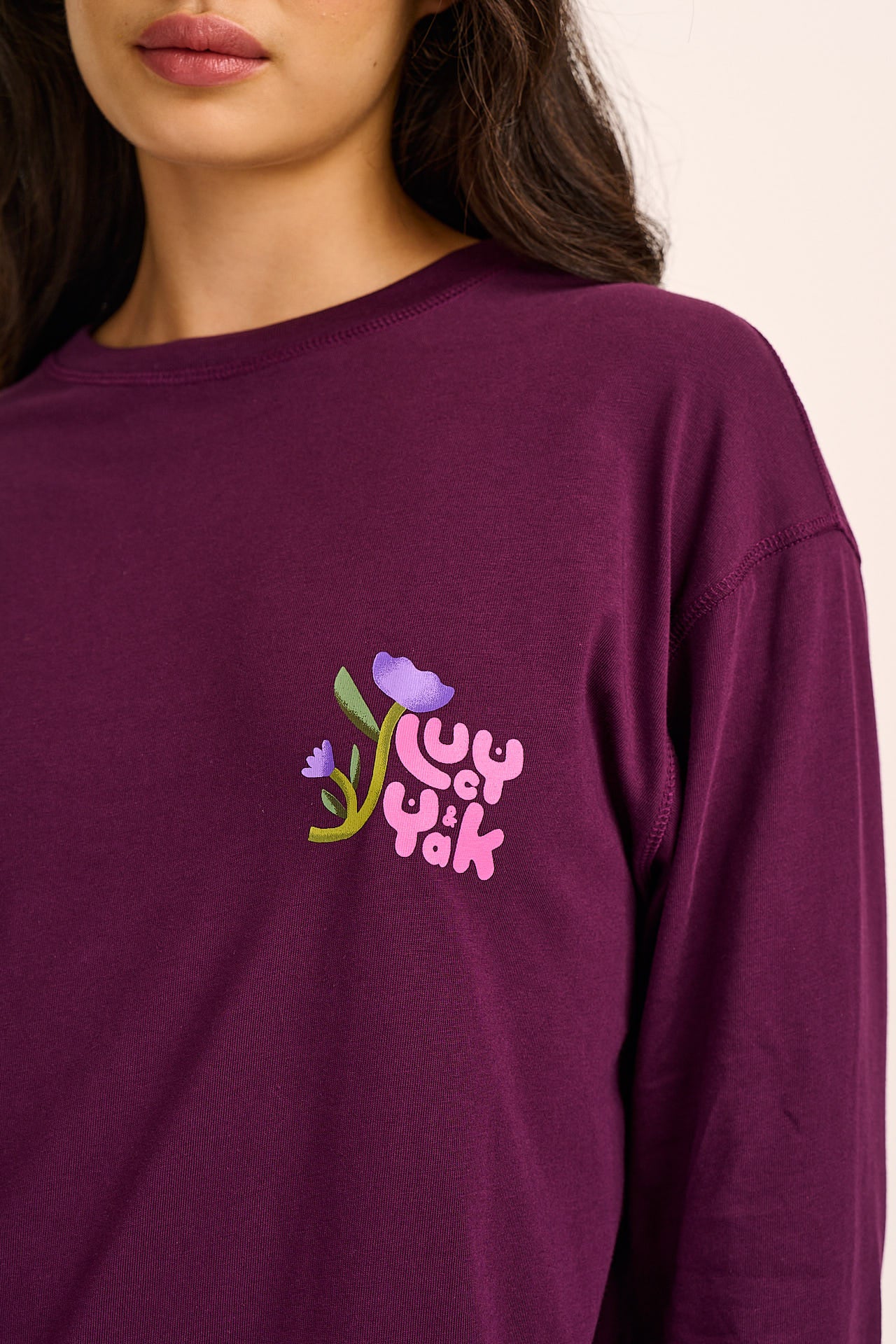 Murat - Long Sleeve Lightweight Cotton T-Shirt in Purple Flowers & Characters - Image 5