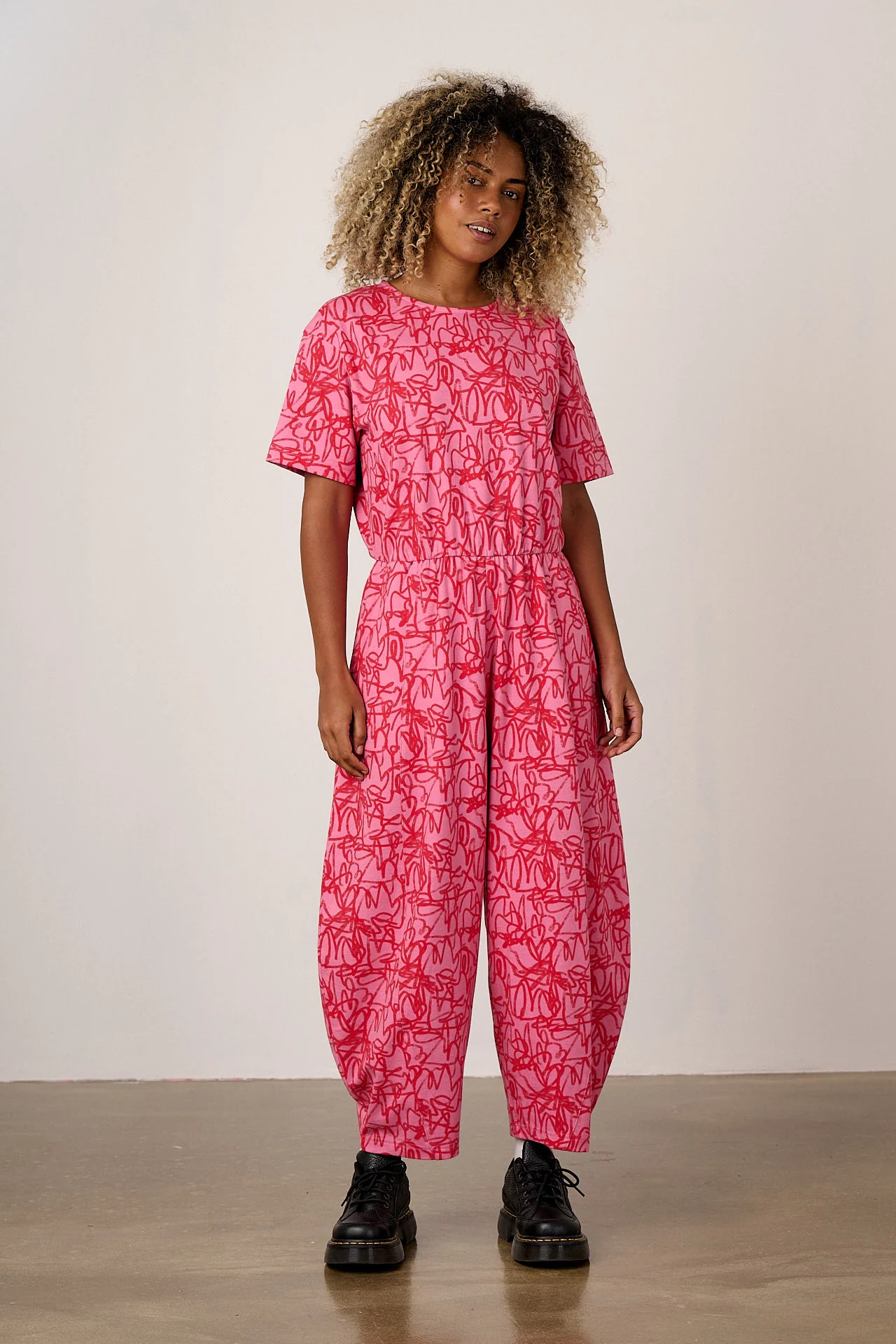 Nova - Barrel Leg Cotton Jersey Jumpsuit in Pink Graffiti - Image 3