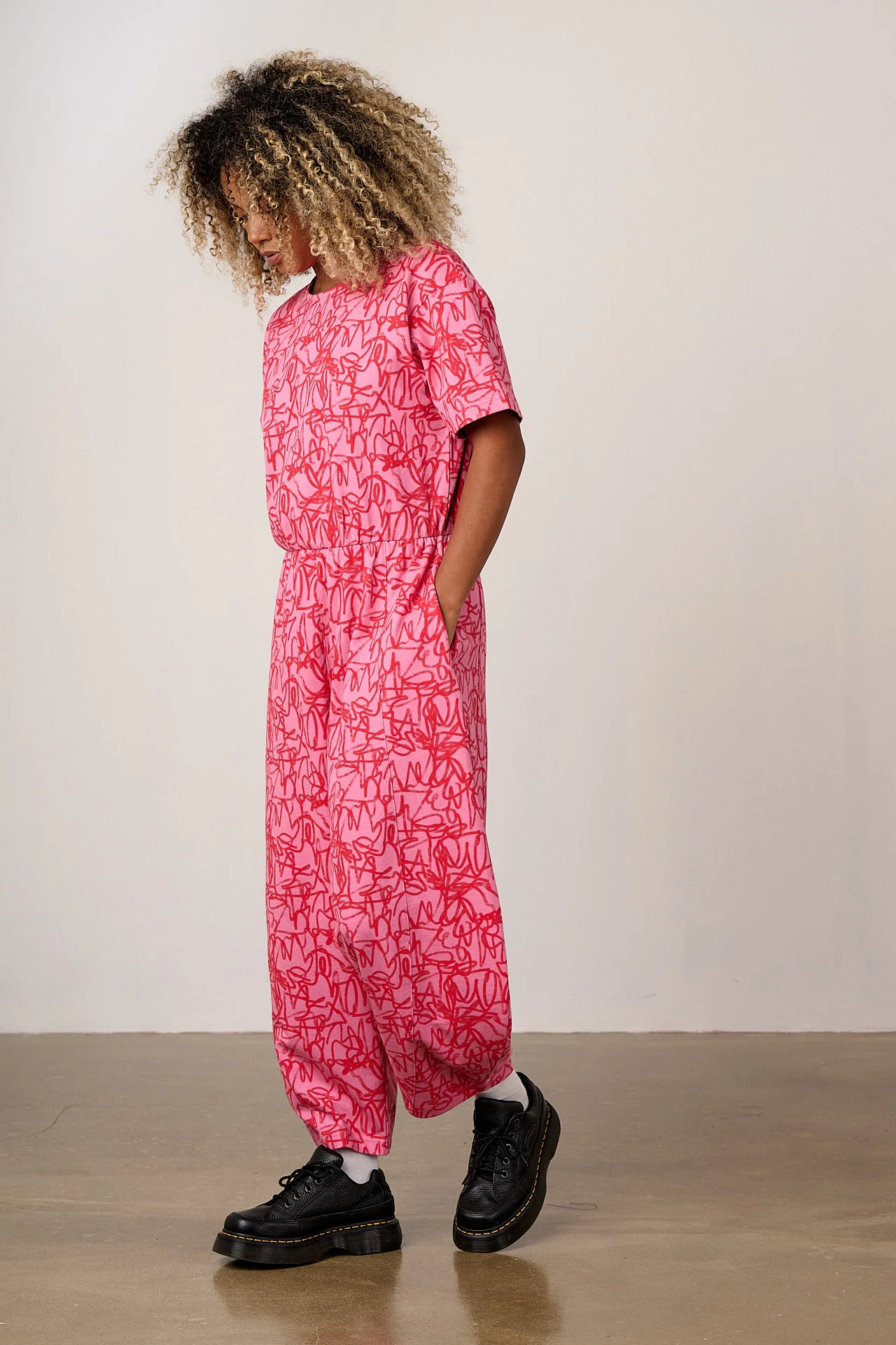 Nova - Barrel Leg Cotton Jersey Jumpsuit in Pink Graffiti - Image 5