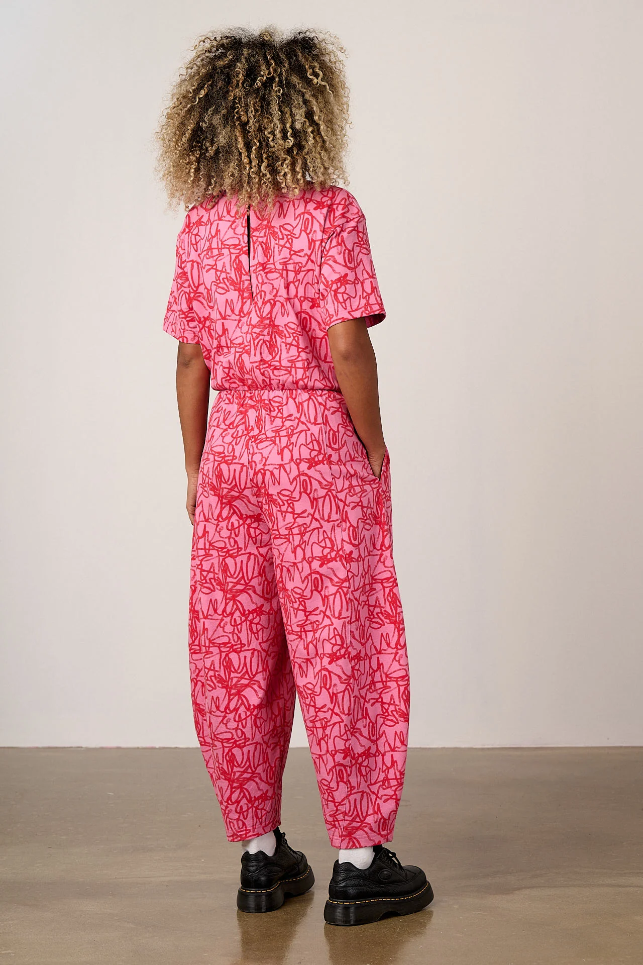 Nova - Barrel Leg Cotton Jersey Jumpsuit in Pink Graffiti - Image 7