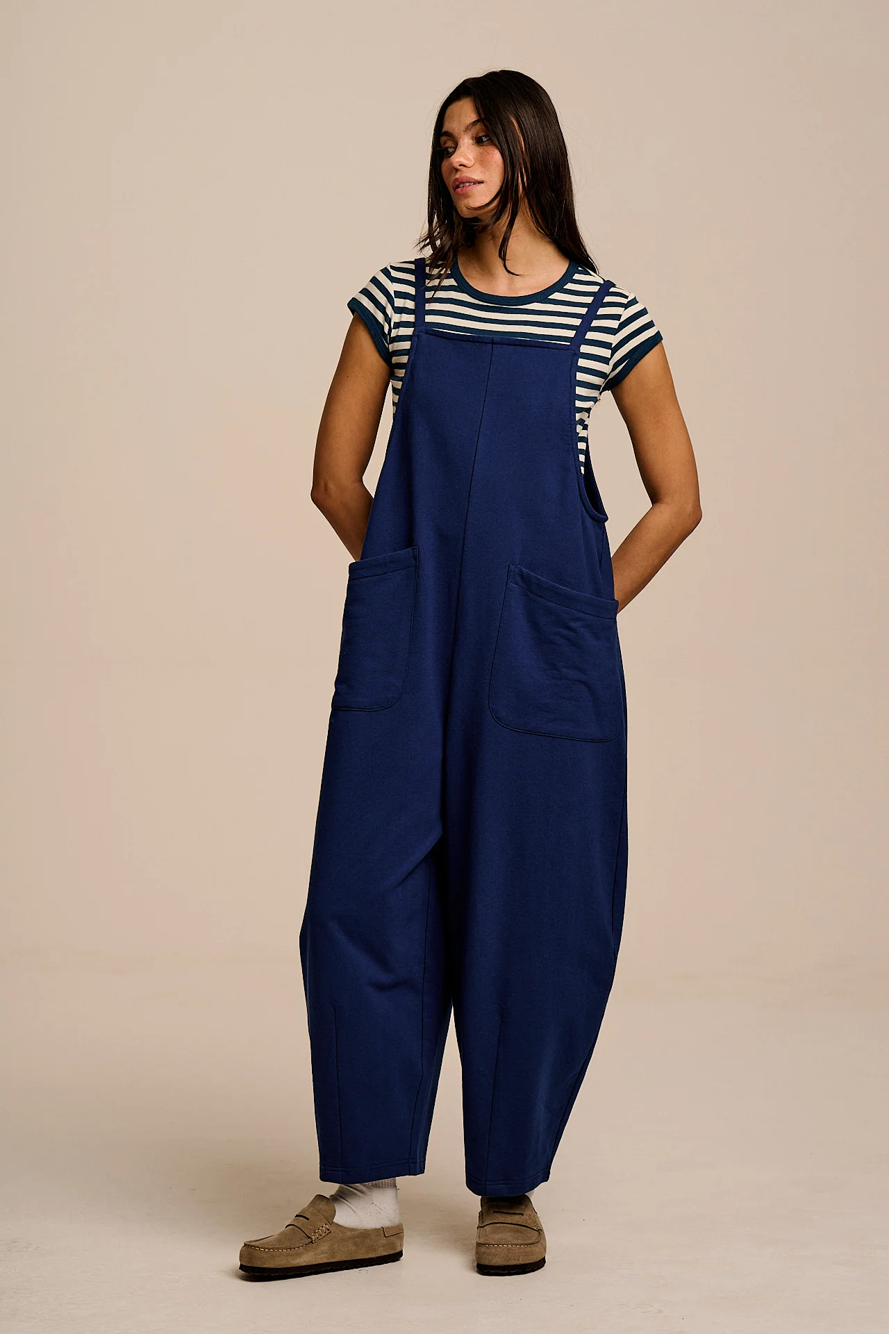 Oaxaca - Cotton Jersey Barrel Leg Dungarees in Navy - Image 2