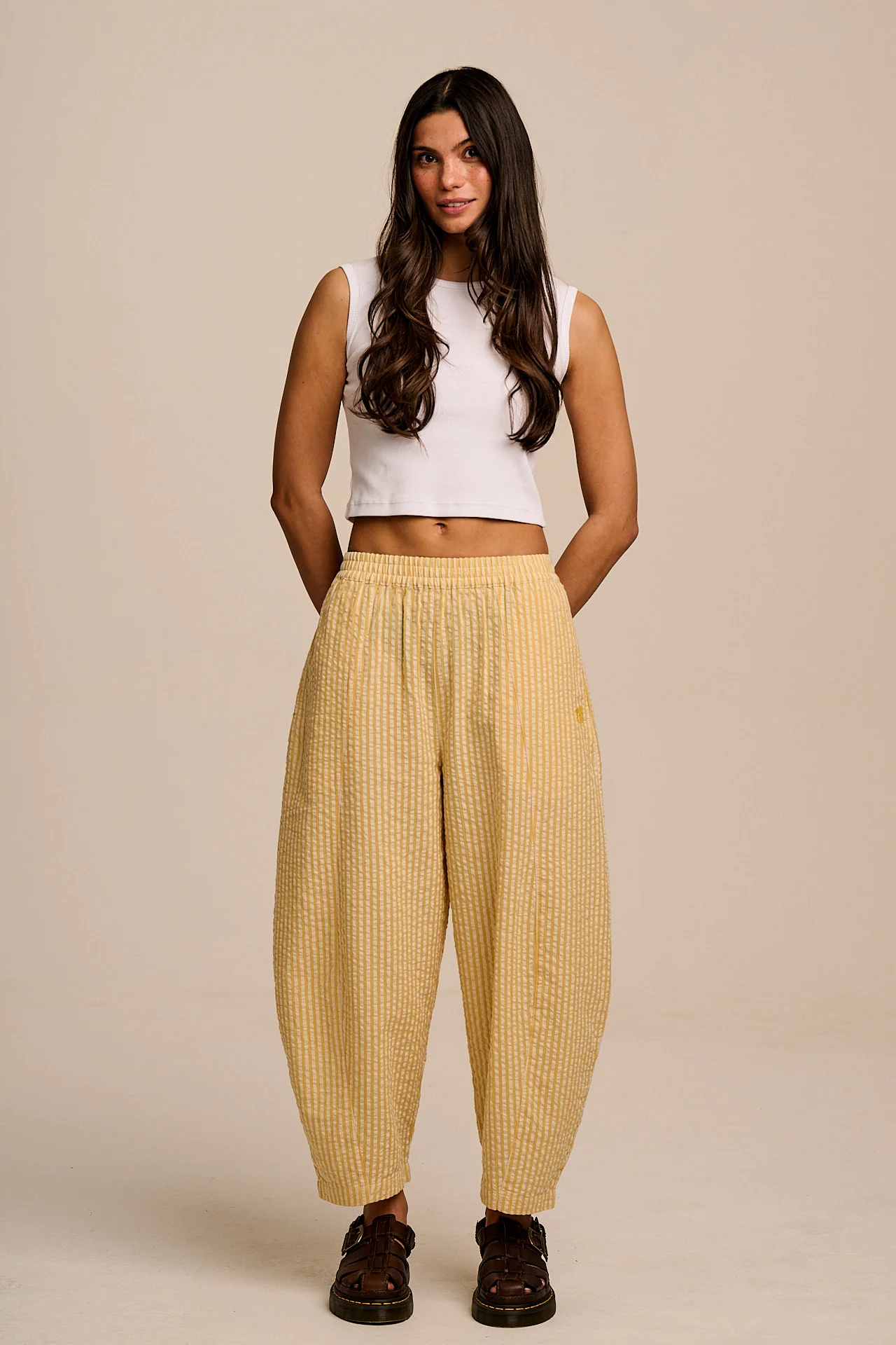 Obregon - Barrel Leg Cotton Trousers in Yellow Stripe - Image 6
