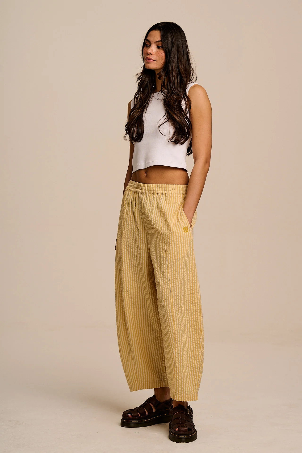 Obregon - Barrel Leg Cotton Trousers in Yellow Stripe - Image 8