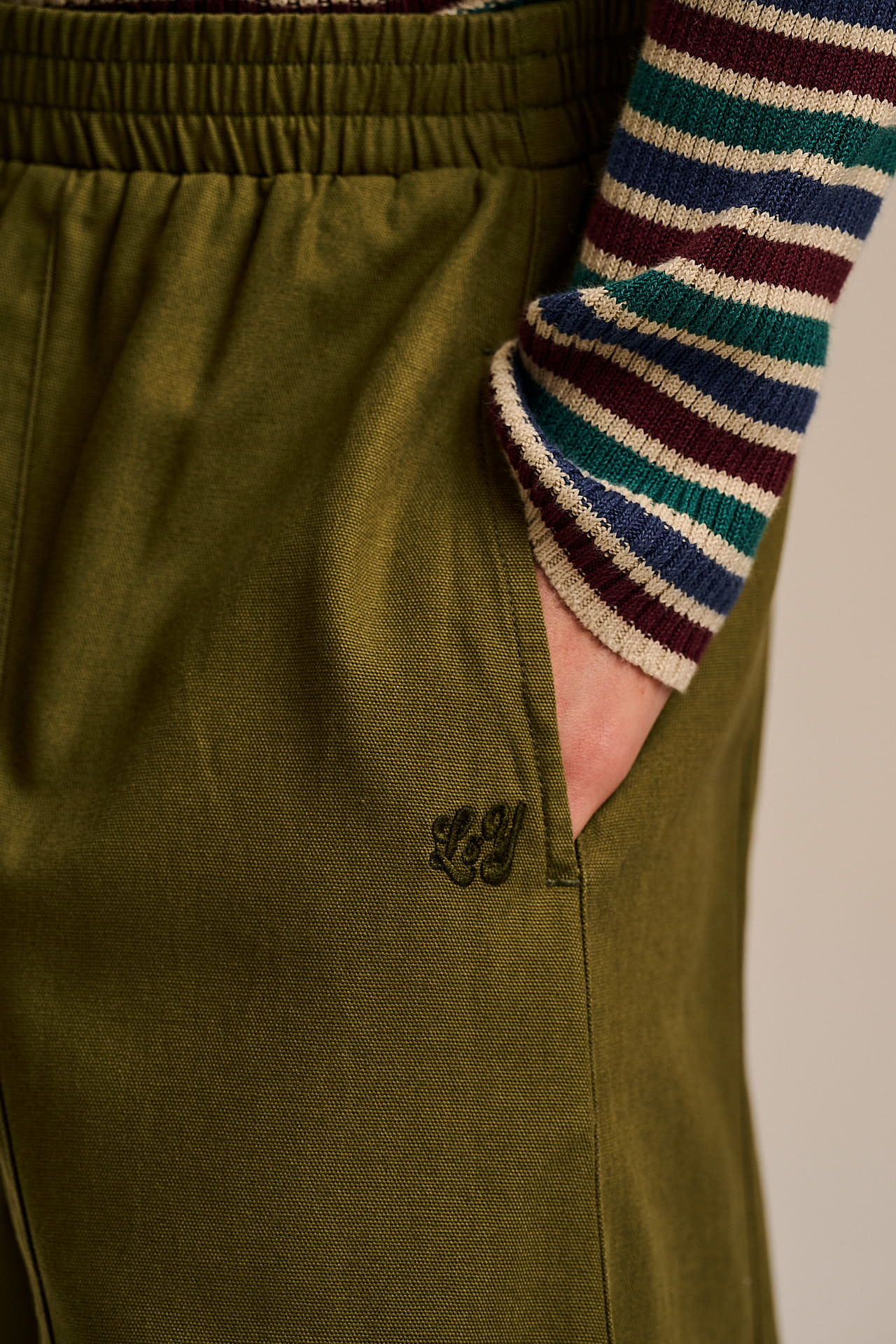 Obregon - Barrel Leg Cotton Trousers in Khaki Green - Image 5