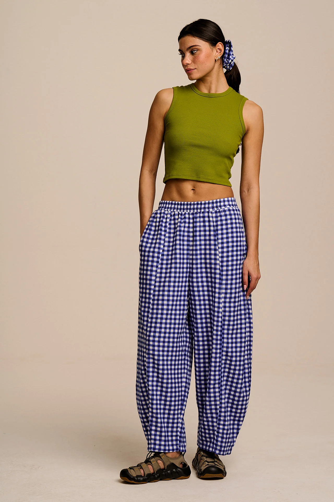 Obregon - Cotton & Viscose Barrel Leg Trousers in Blue Gingham Check - Image 6