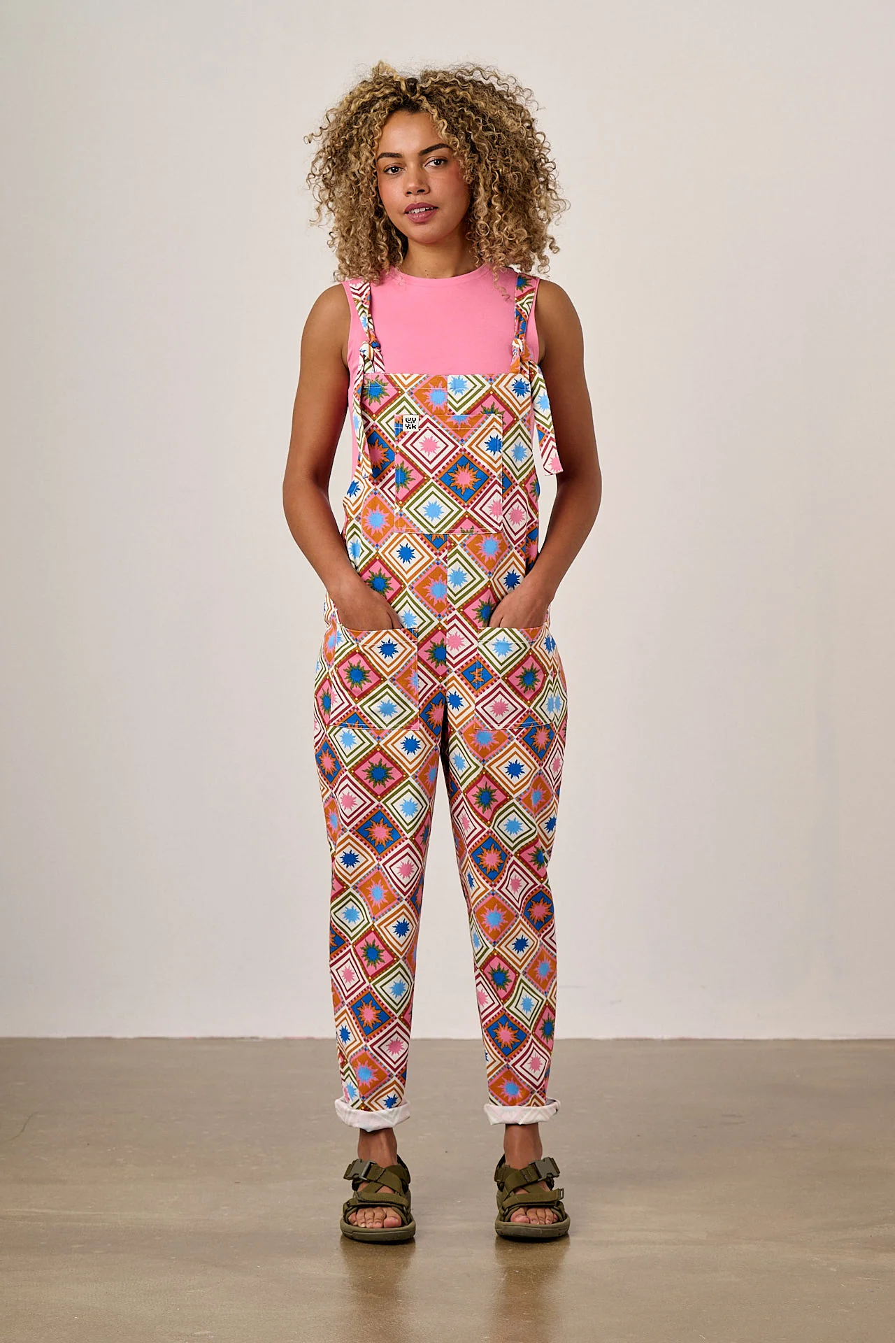 Original - Cotton Dungarees in Pink Celestial Tile Print - Image 5
