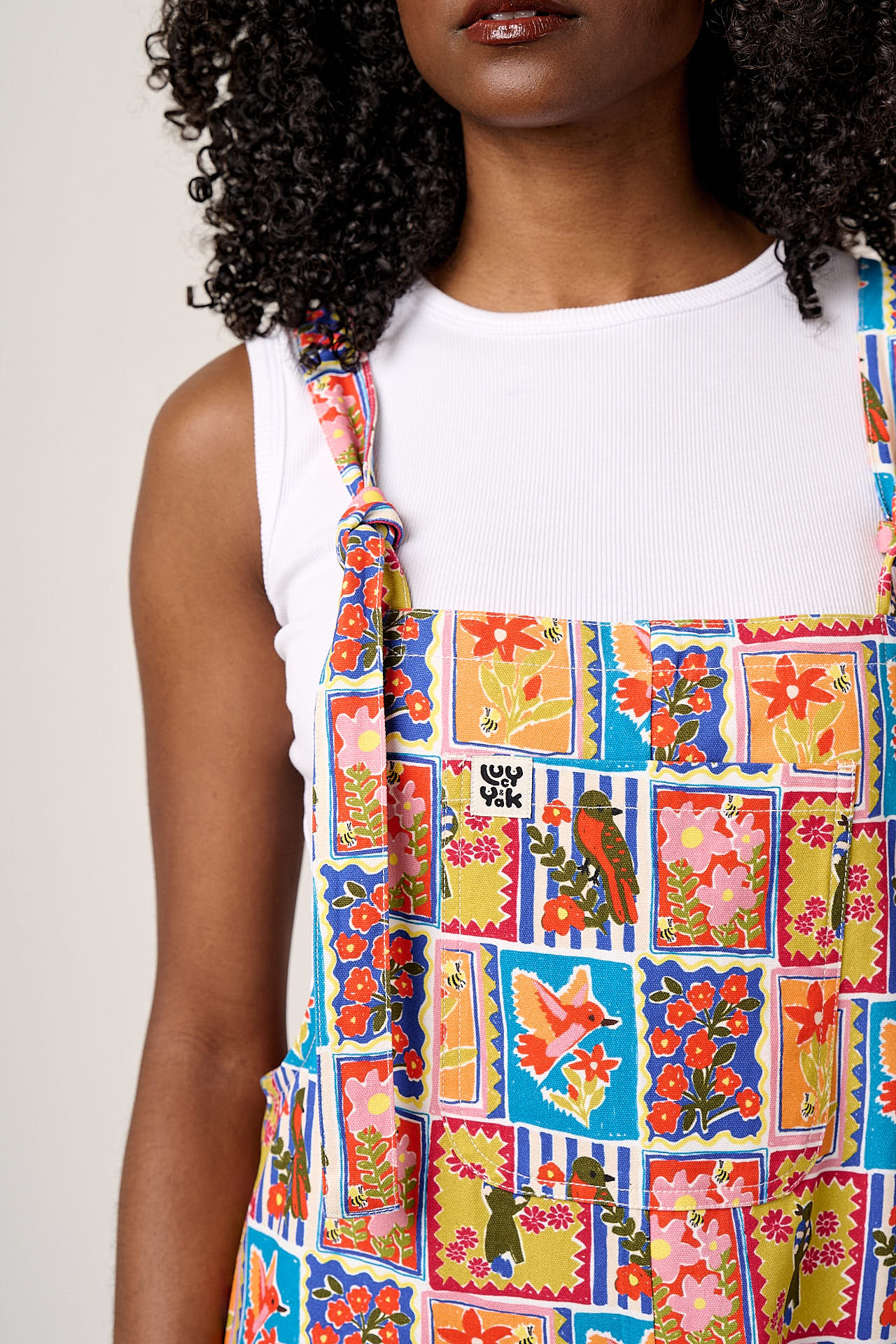 Original Shorts - Cotton Dungarees Shorts in Birds & Flowers Square Tile - Image 2