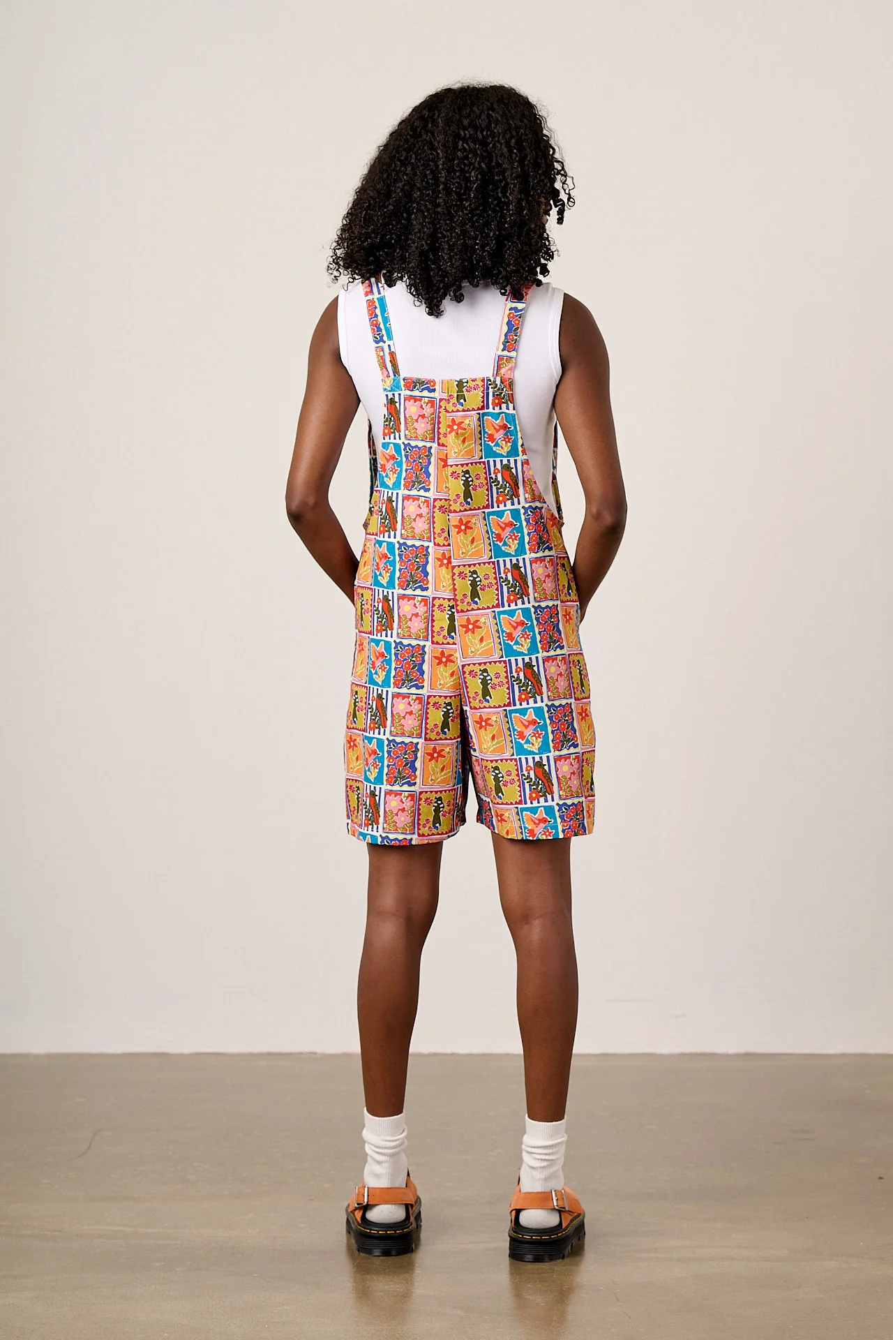 Original Shorts - Cotton Dungarees Shorts in Birds & Flowers Square Tile - Image 4