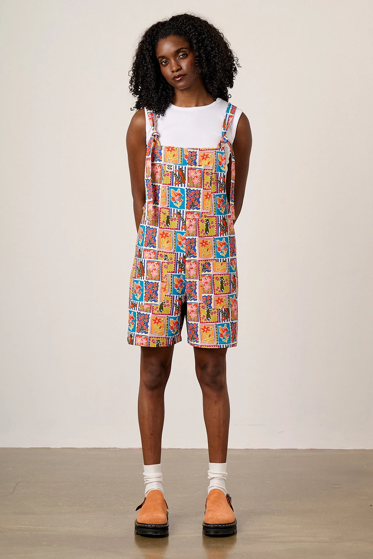 Original Shorts - Cotton Dungarees Shorts in Birds & Flowers Square Tile - Image 5