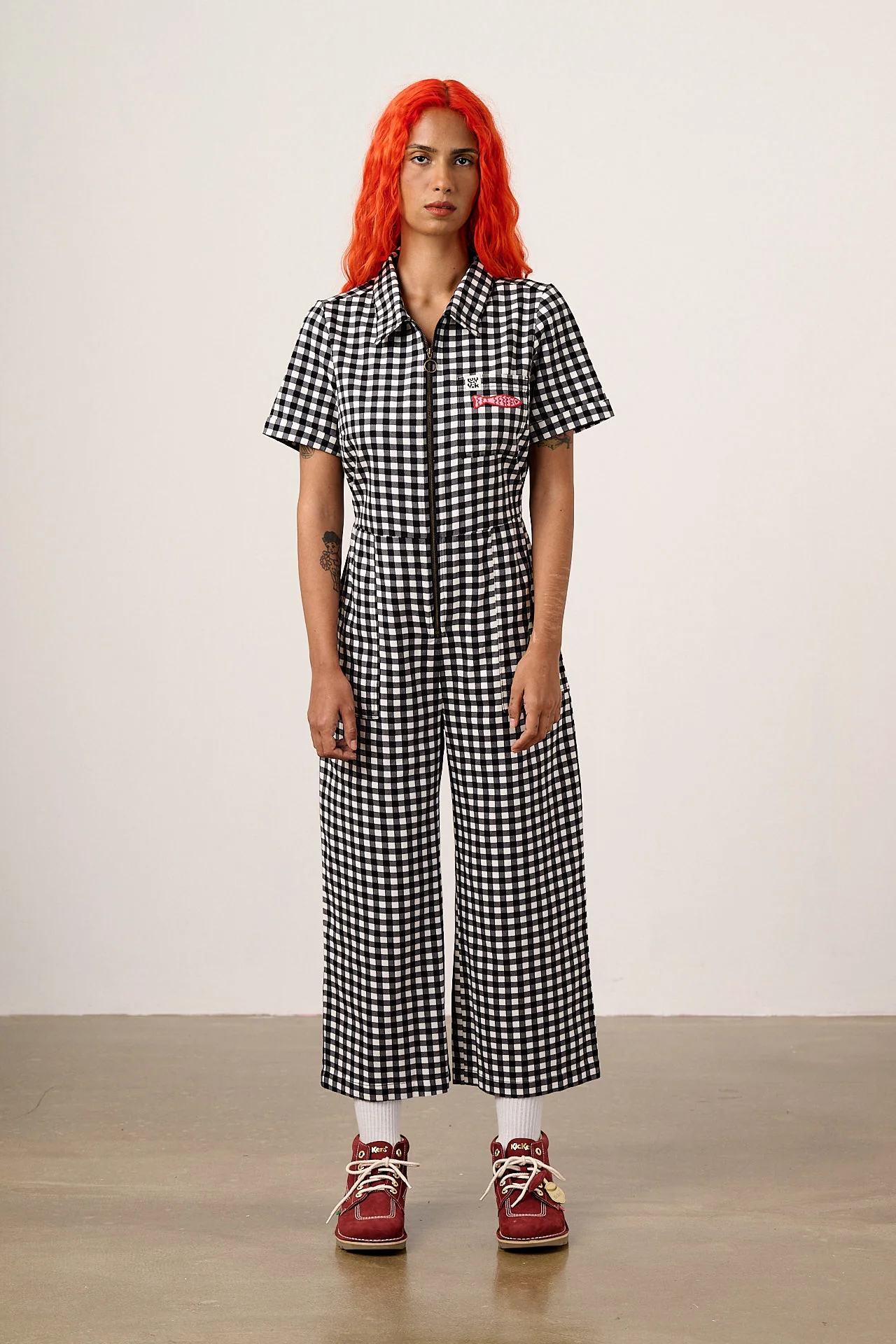 Ragan - Cotton Jumpsuit in Black & White Gingham Fish Embroidery - Image 3