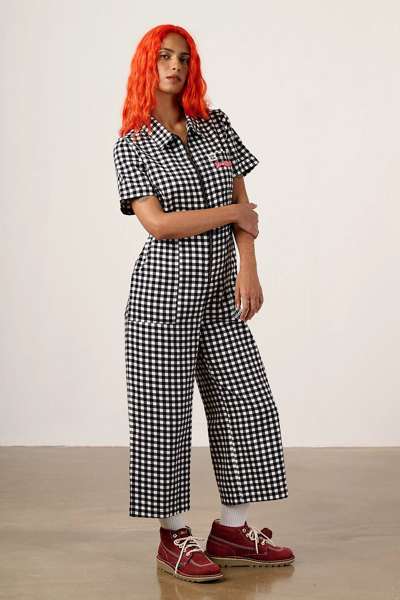 Ragan - Cotton Jumpsuit in Black & White Gingham Fish Embroidery - Image 6