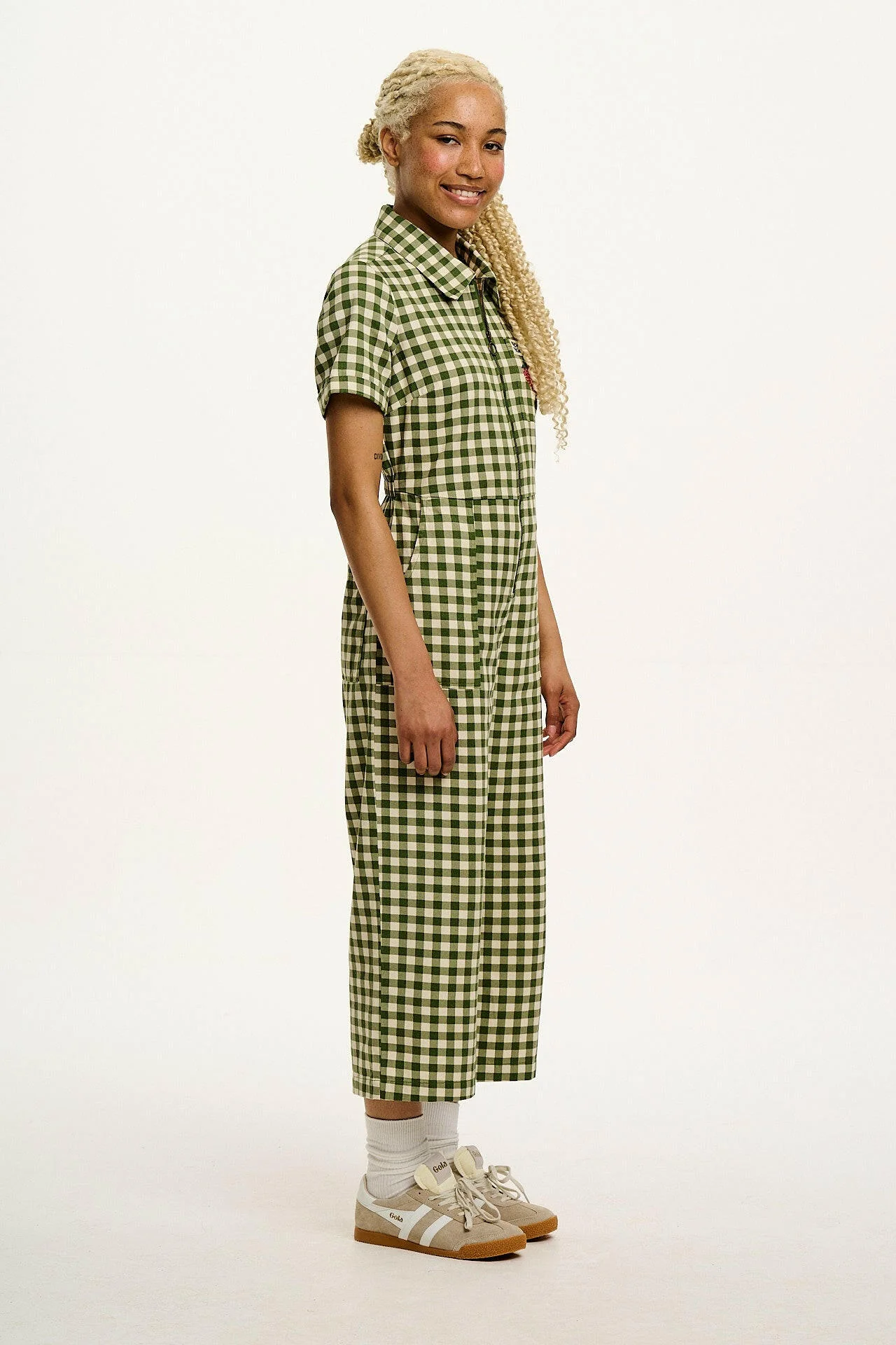 Ragan - Cotton Jumpsuit in Green Gingham with Strawberry Embroidery - Image 3